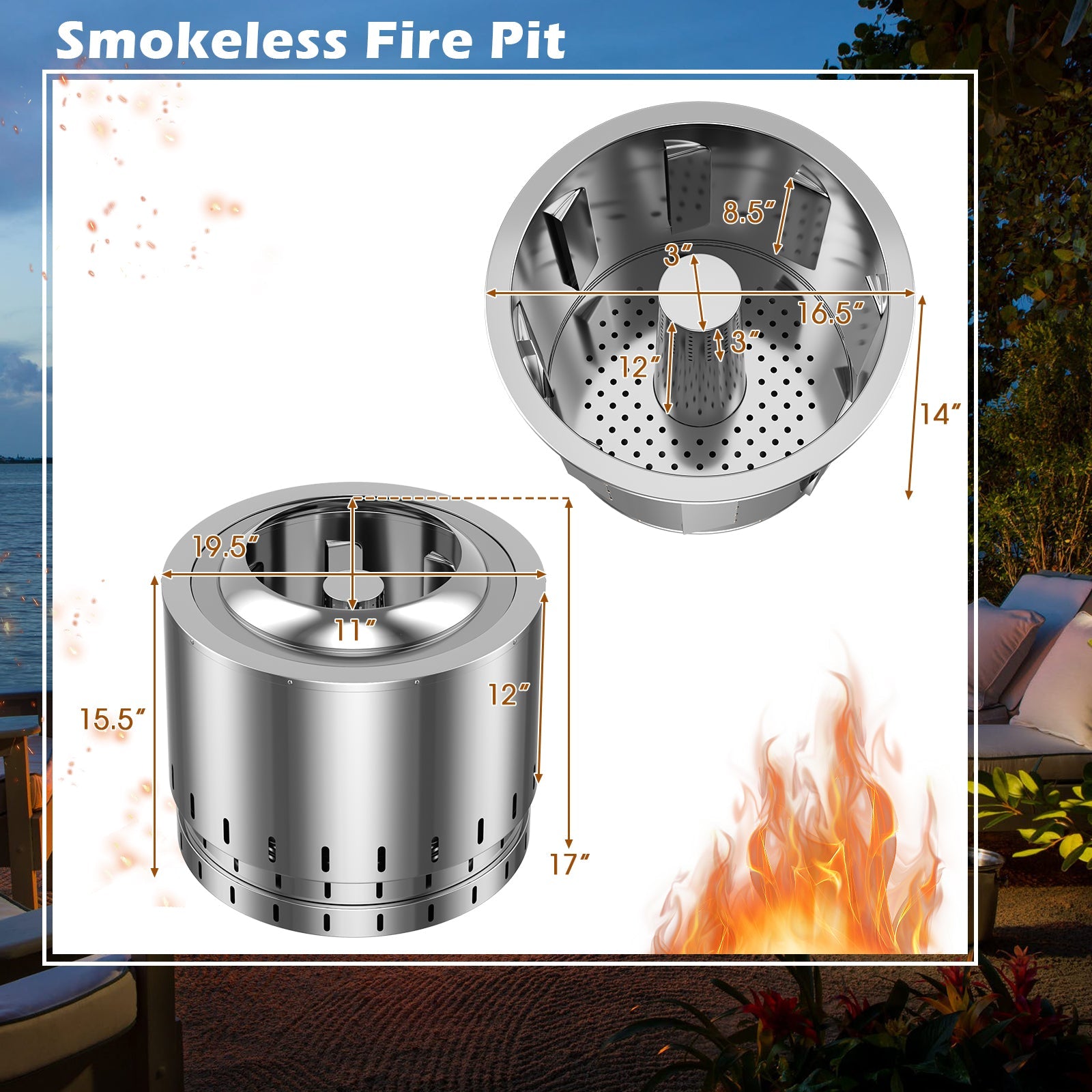 Smokeless Stainless Steel Fire Pit with Ash Pan for Yard Camping-Silver - Energize Trek