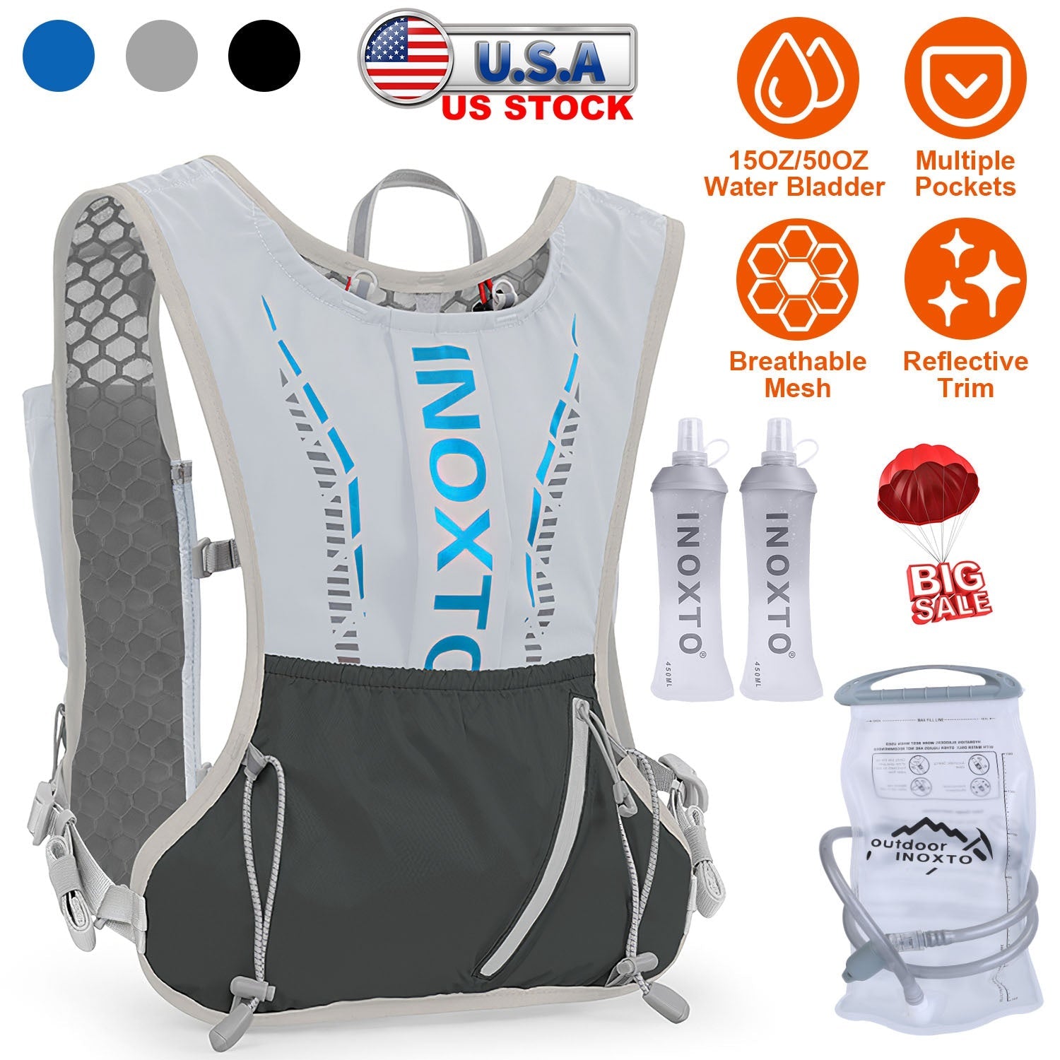 Sport Hydration Vest Running Backpack with 15oz 50oz Water Bladder Adjustable Strap Storage Bag for Trail Running Marathon Race Hiking - Energize Trek
