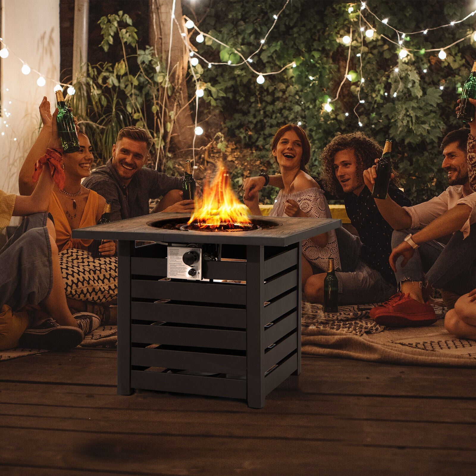 Square Propane Fire Pit Table with Lava Rocks and Rain Cover - Energize Trek
