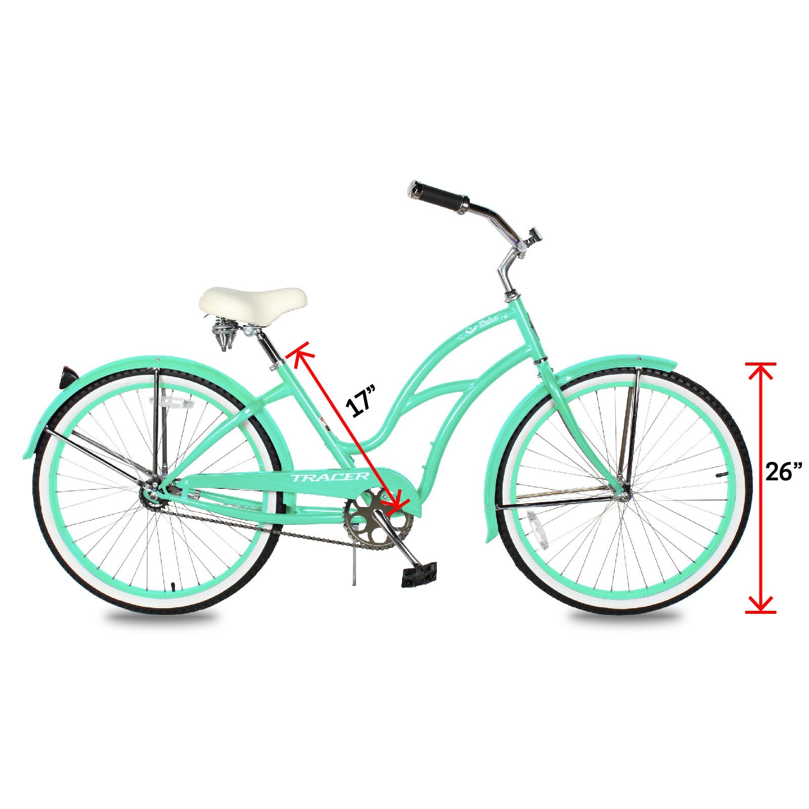 TRACER 26' Female Beach Cruiser Coaster Brake Stainless Steel Spokes One Piece Crank Alloy Apple Green Rims 36H W/ Fenders - Energize Trek
