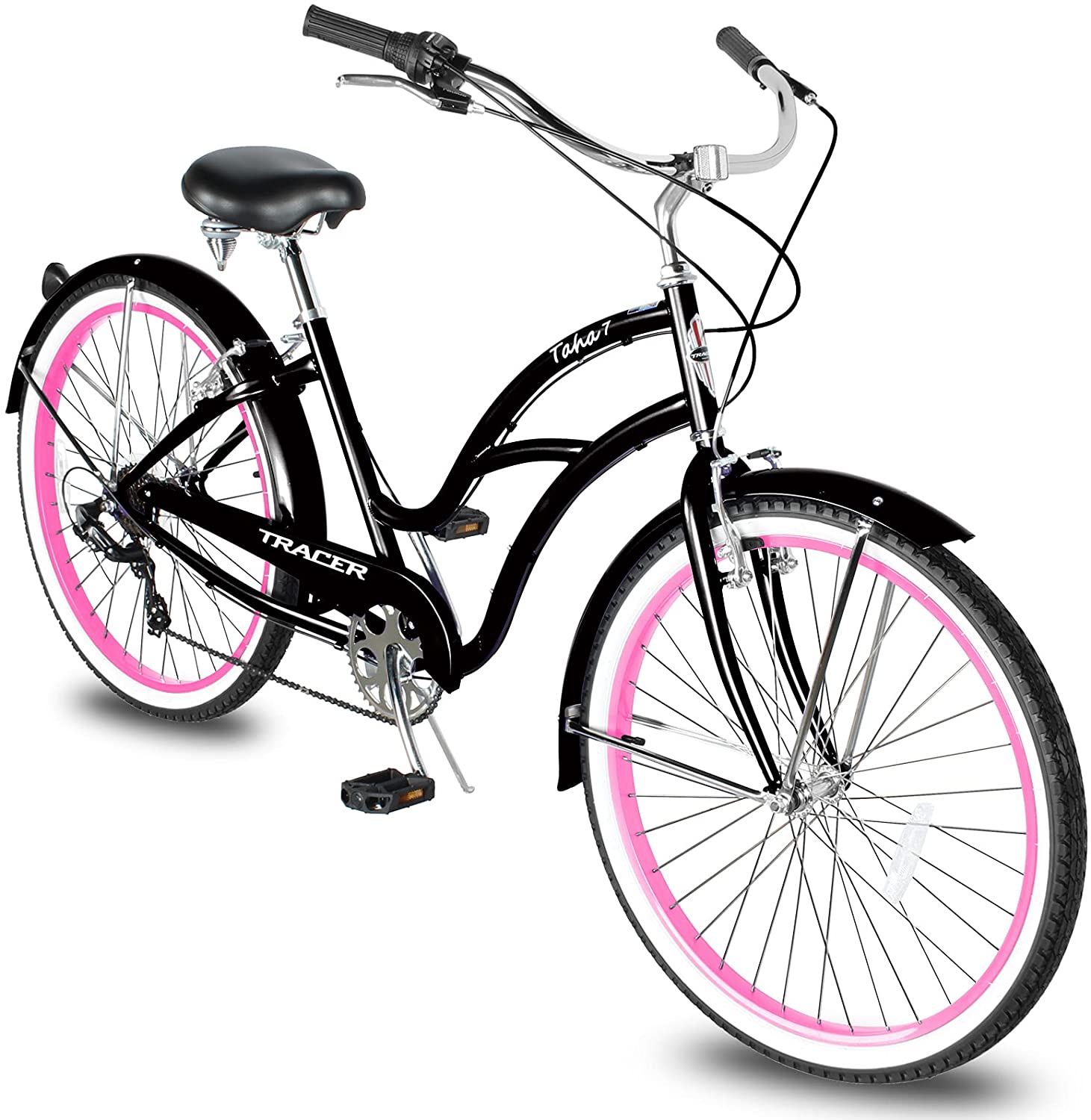 TRACER 26' Female Beach Cruiser Shimano TX-35 7-SP V-Brake Stainless Steel Spokes One Piece Crank Alloy PINK Rims 36H w/ Fender - Energize Trek