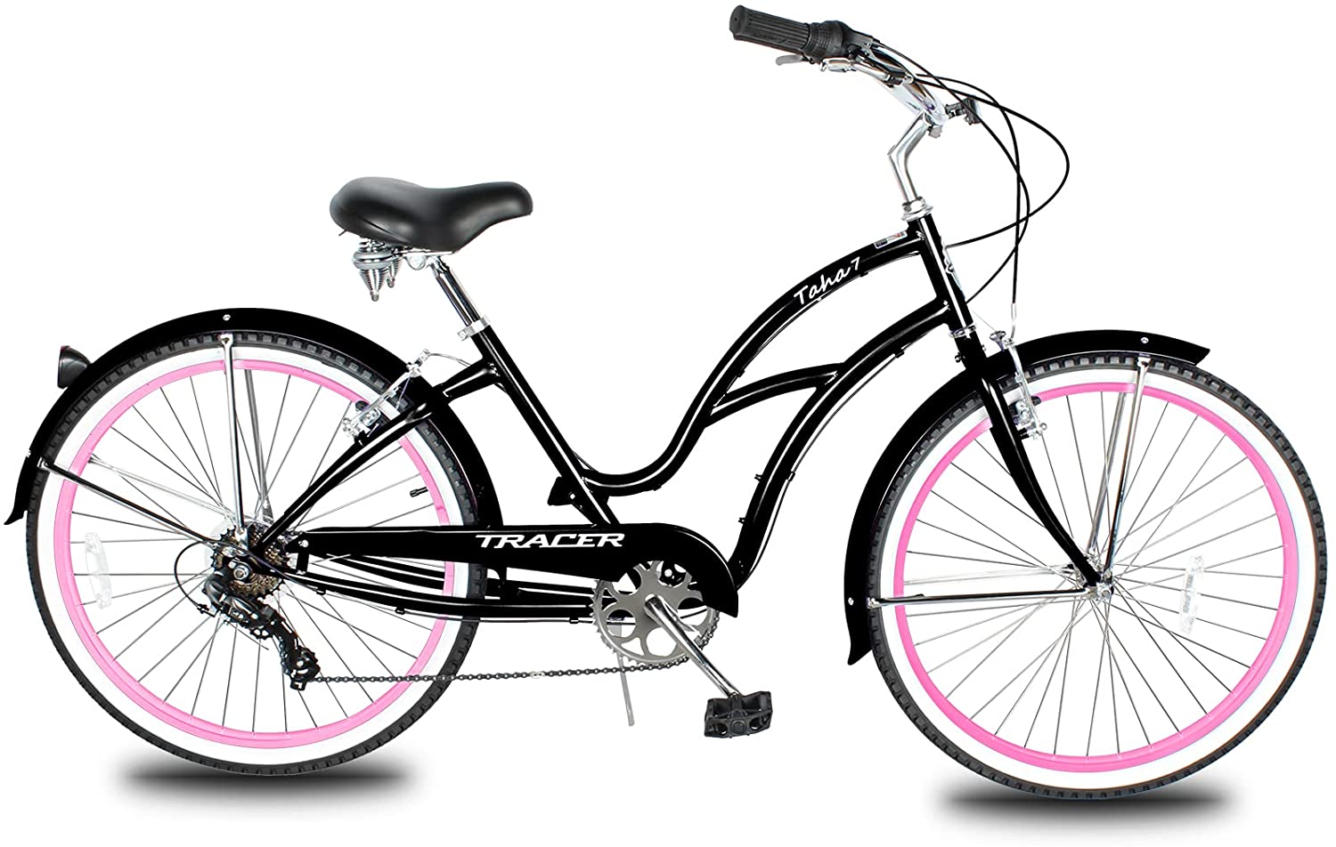 TRACER 26' Female Beach Cruiser Shimano TX-35 7-SP V-Brake Stainless Steel Spokes One Piece Crank Alloy PINK Rims 36H w/ Fender - Energize Trek