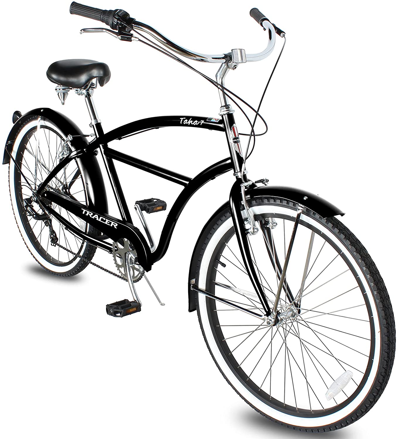 TRACER 26' Men Beach Cruiser Shimano TX-35 7-SP V-Brake Stainless Steel Spokes One Piece Crank Alloy BLACK Rims 36H w/ Fender - Energize Trek