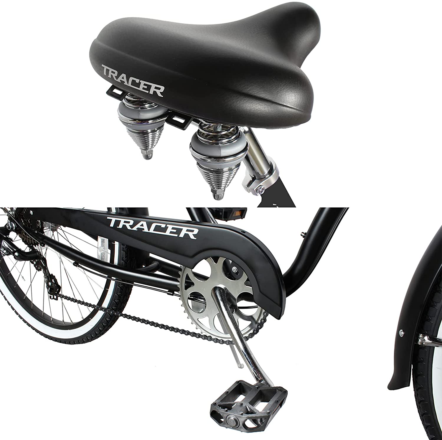 TRACER 26' Men Beach Cruiser Shimano TX-35 7-SP V-Brake Stainless Steel Spokes One Piece Crank Alloy BLACK Rims 36H w/ Fender - Energize Trek