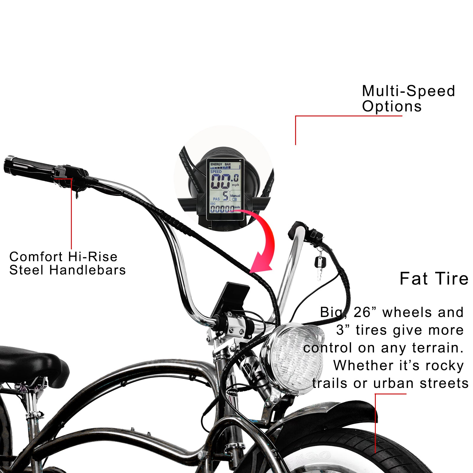TRACER 26"Stretch E-BIKE 1000 48V 20AH Color : YS-728 Black /polish .. - Energize Trek
