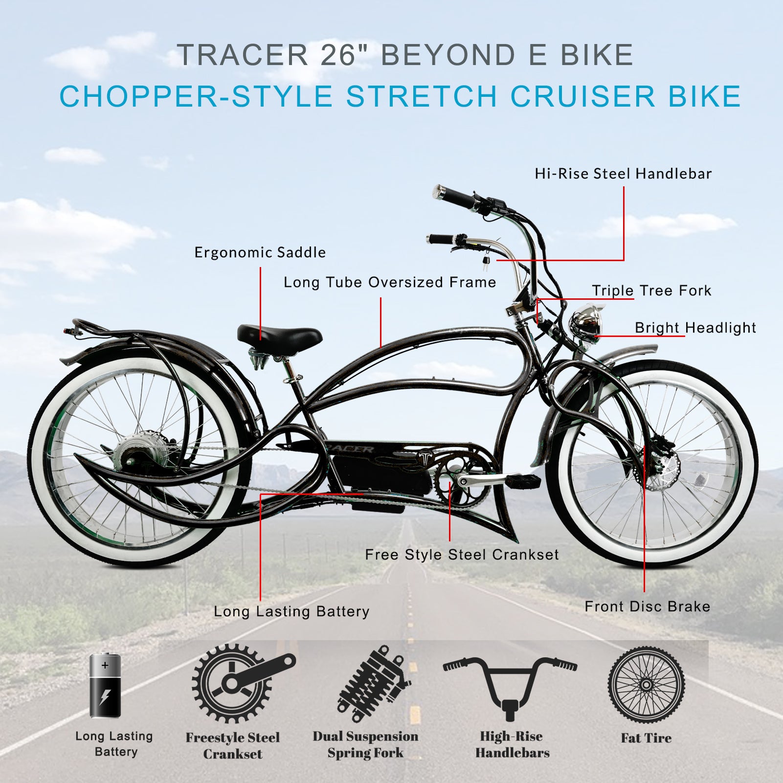 TRACER 26"Stretch E-BIKE 1000 48V 20AH Color : YS-728 Black /polish .. - Energize Trek