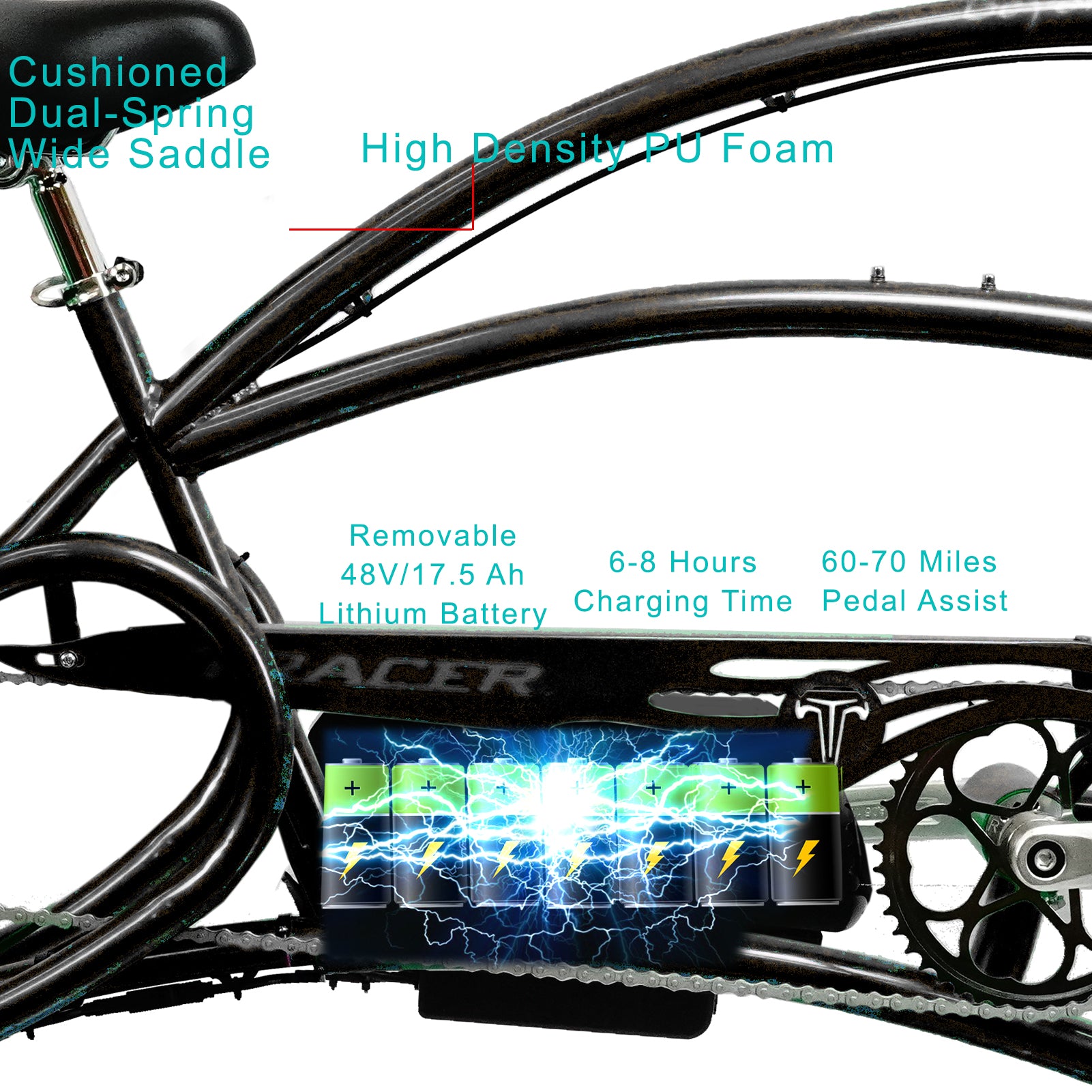 TRACER 26"Stretch E-BIKE 1000 48V 20AH Color : YS-728 Black /polish .. - Energize Trek