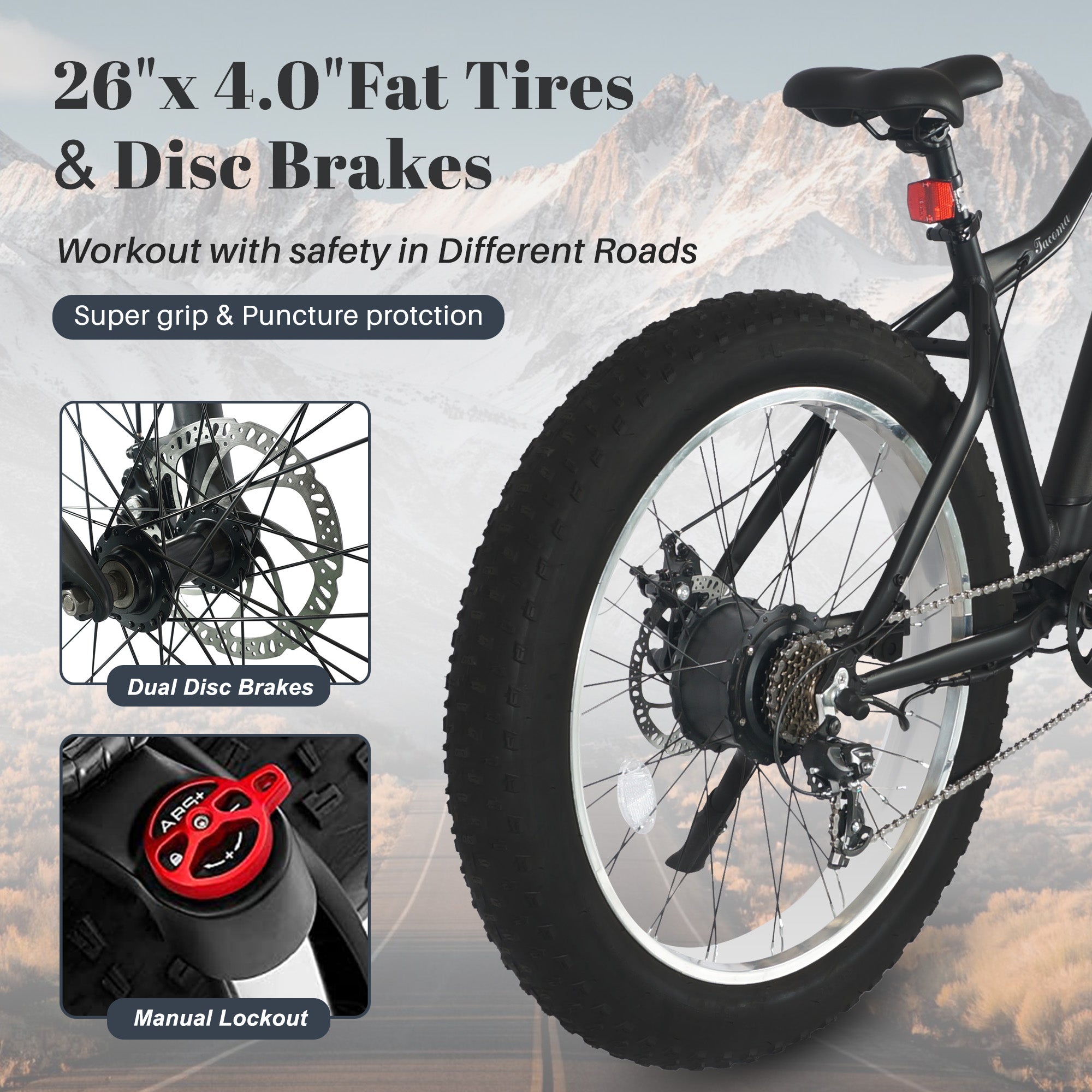 TRACER E Bike 26" Aluminum FAT Tire Bike, Size 18.5 with Shimano Tourney-7sp & Disc Brake F& R, Motor: 800W with/ Speed Sensor Battery 48V 11.6Ah - Energize Trek