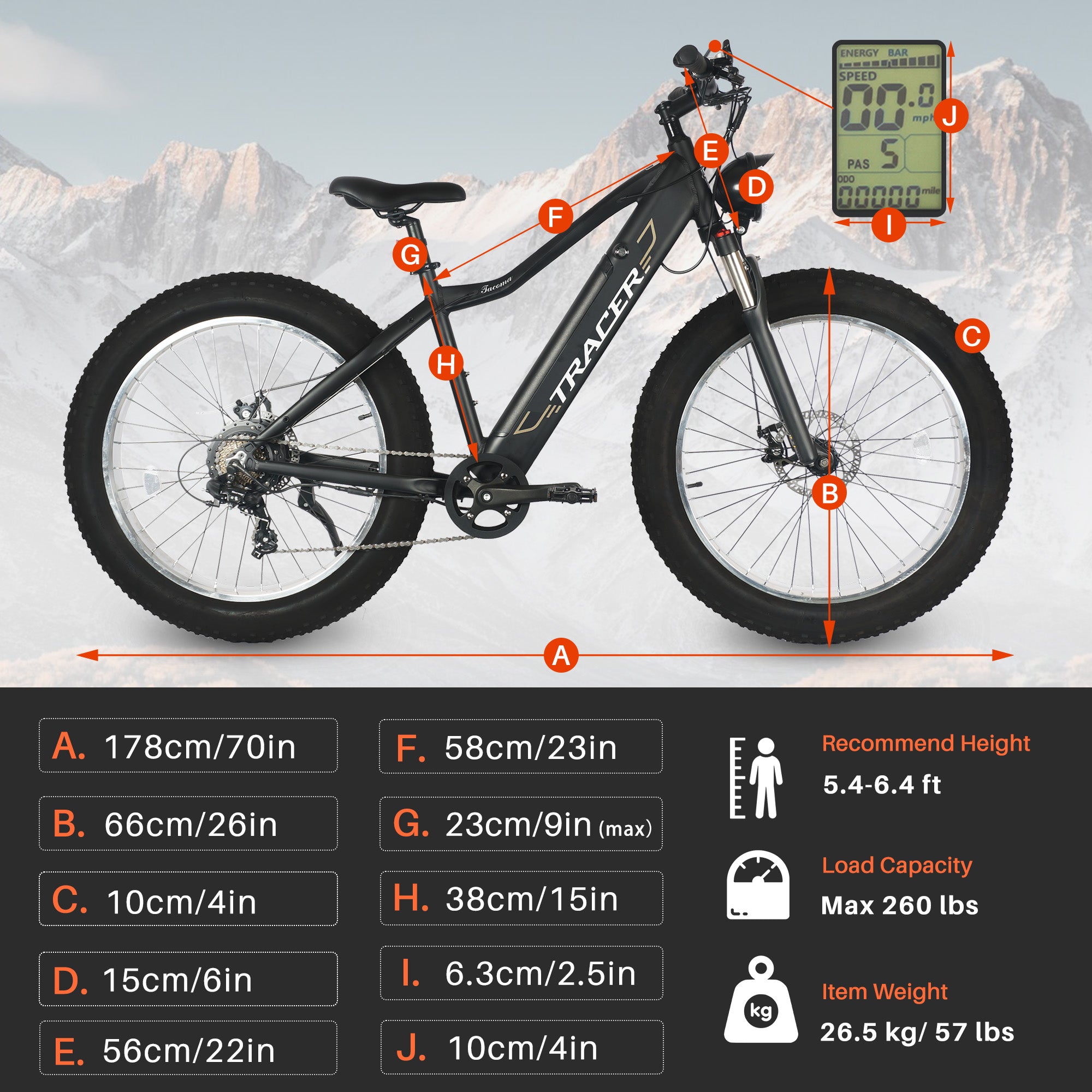 TRACER E Bike 26" Aluminum FAT Tire Bike, Size 18.5 with Shimano Tourney-7sp & Disc Brake F& R, Motor: 800W with/ Speed Sensor Battery 48V 11.6Ah - Energize Trek
