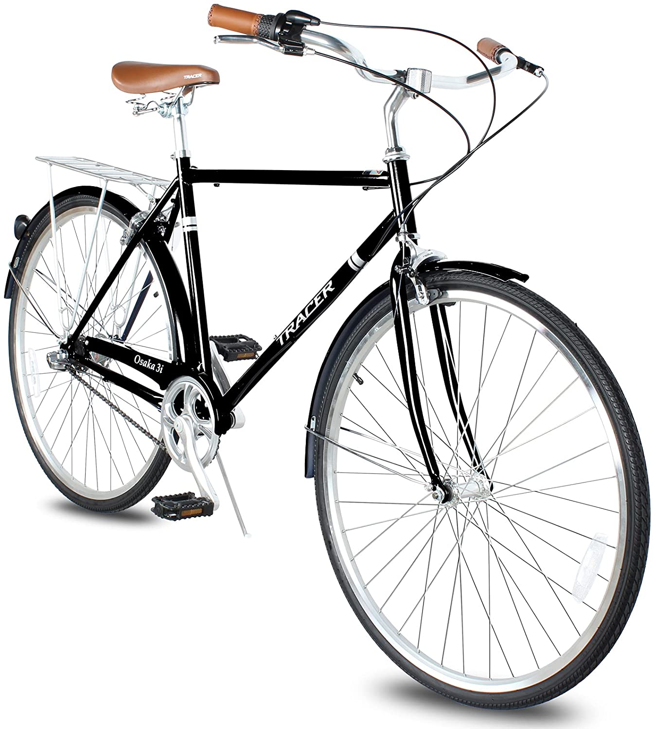 TRACER Men 700C City Bike Hi-Ten Steel Frame 58cm Shimano NEXUS3R40 3-Speed Free wheel Hub,Alloy Rims Black Tire, with Back Rack - Energize Trek