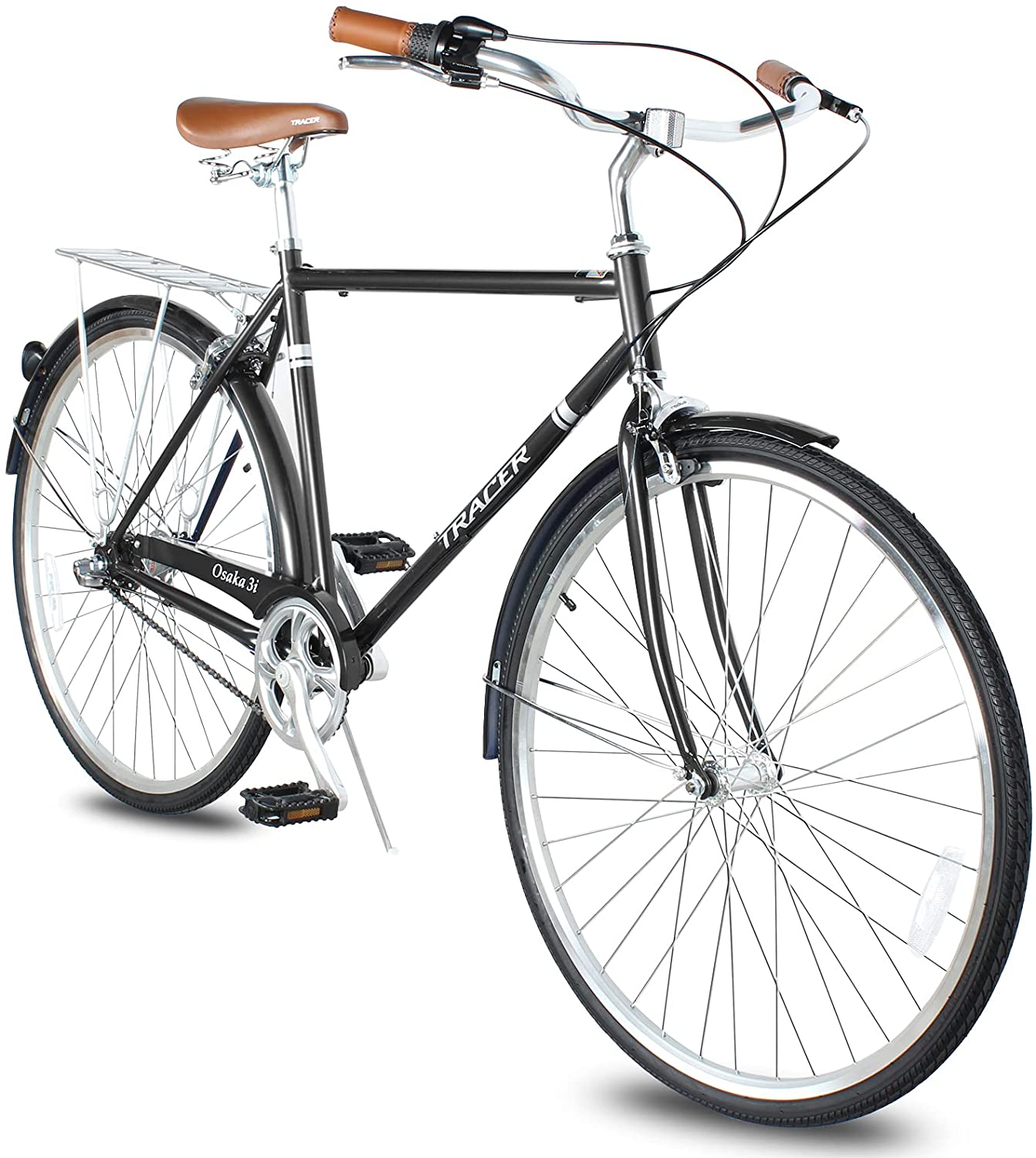 TRACER Men 700C City Bike Hi-Ten Steel Frame 58cm Shimano NEXUS3R40 3-Speed Free wheel Hub,Alloy Rims Black Tire, with Back Rack - Energize Trek