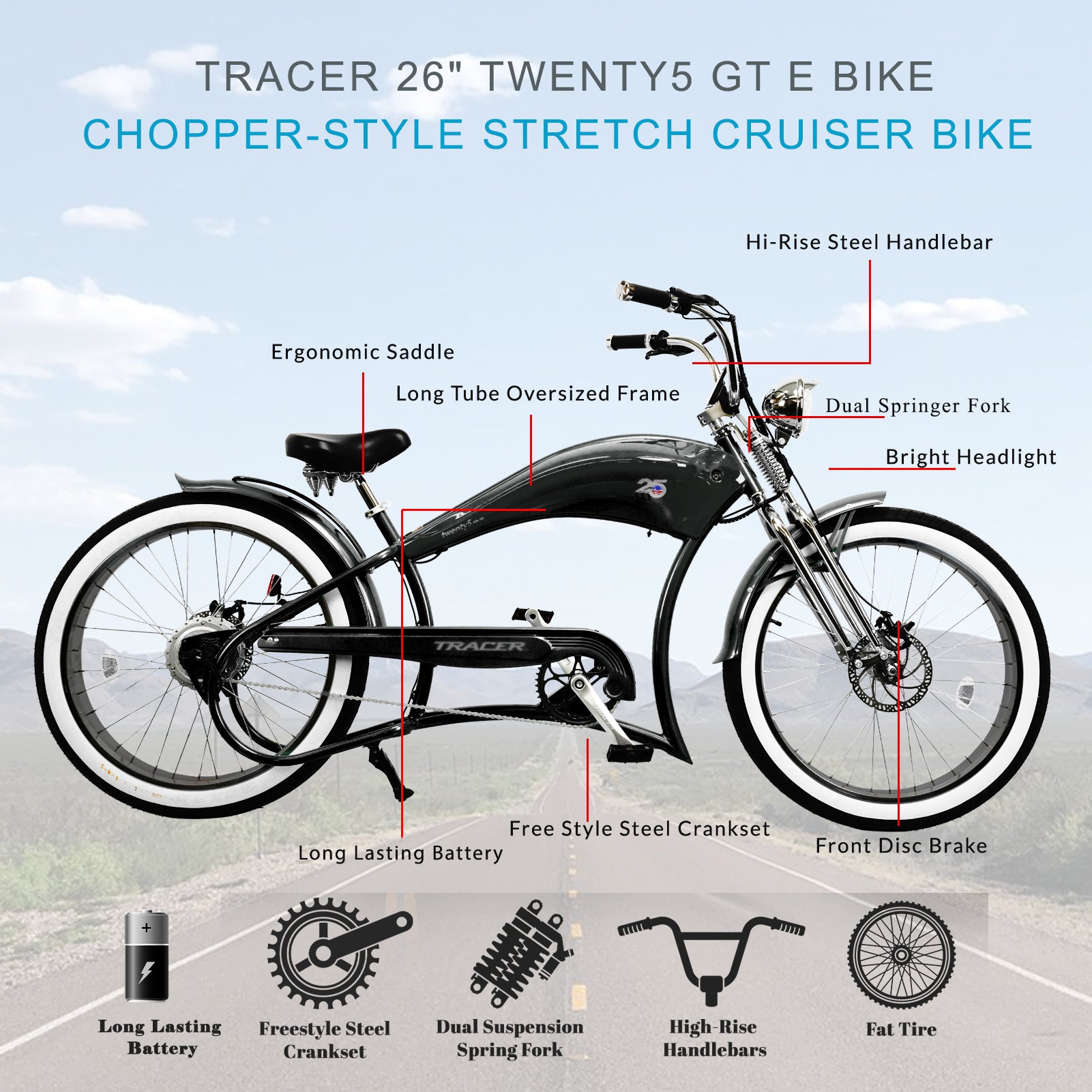 TRACER TWENTY 5 DS 26" Stretch E-BIKE 800W 48V Dual Spring Suspension Fork - Energize Trek