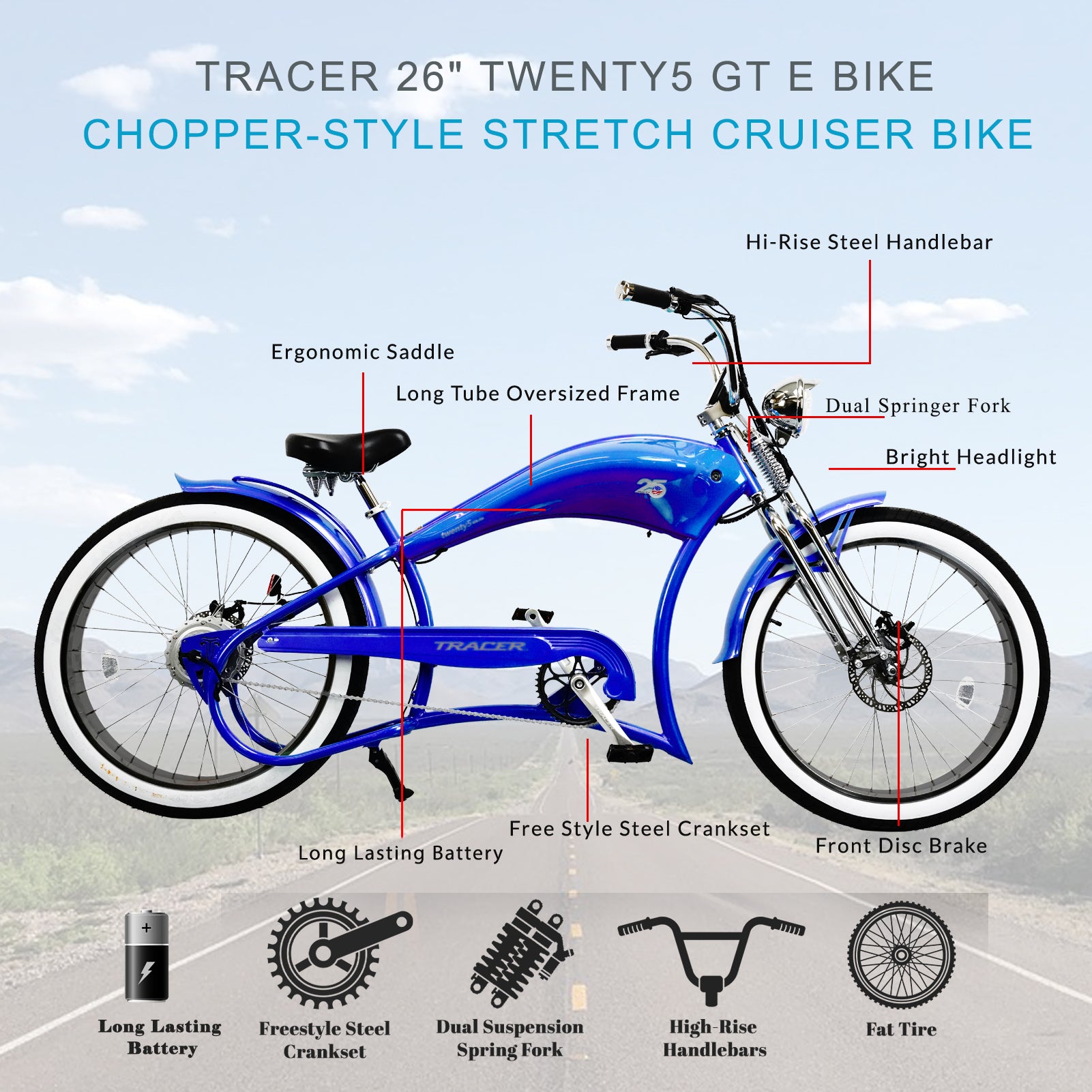 TRACER TWENTY 5 DS 26" Stretch E-BIKE 800W 48V Dual Spring Suspension Fork - Energize Trek