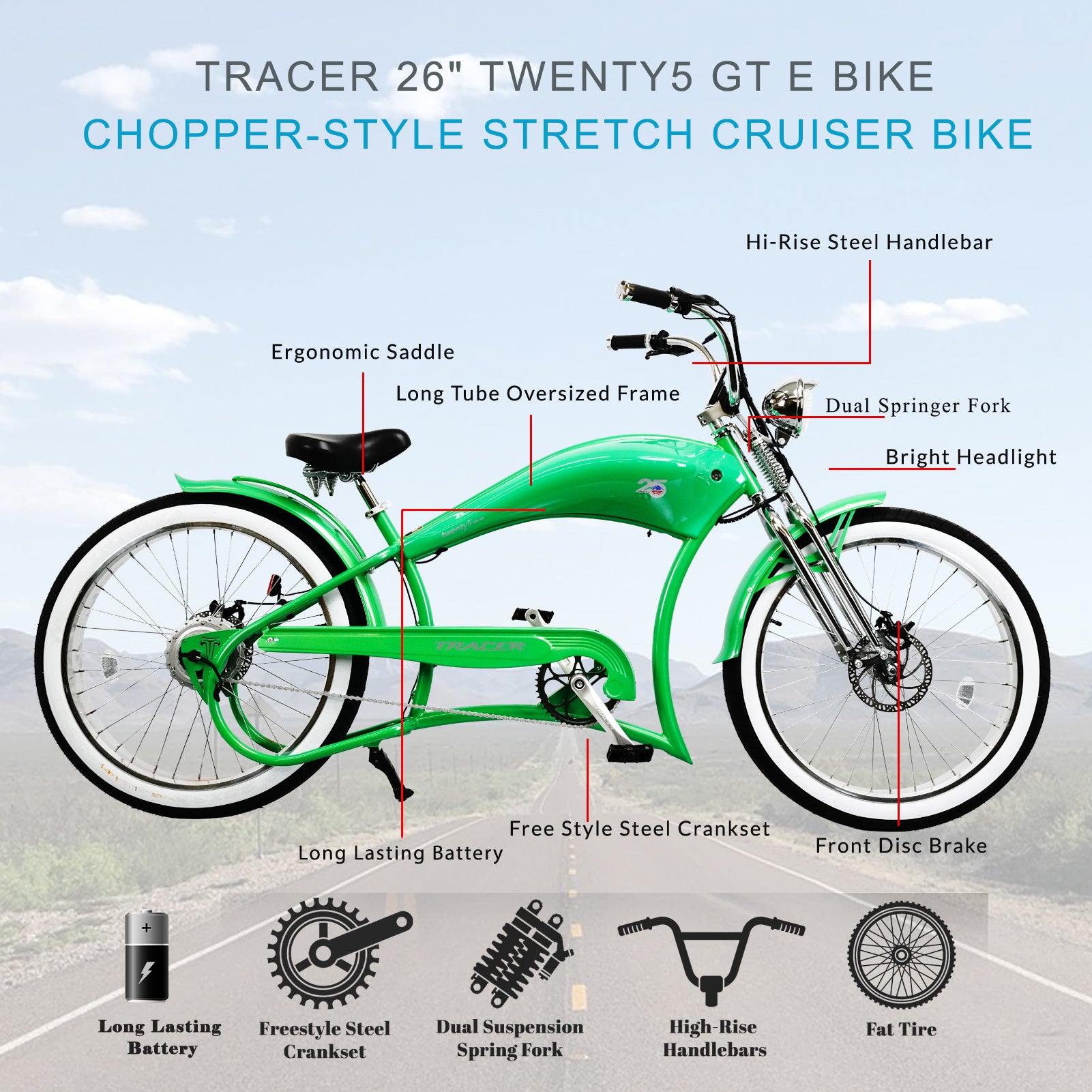 TRACER TWENTY 5 DS 26" Stretch E-BIKE 800W 48V Dual Spring Suspension Fork - Energize Trek