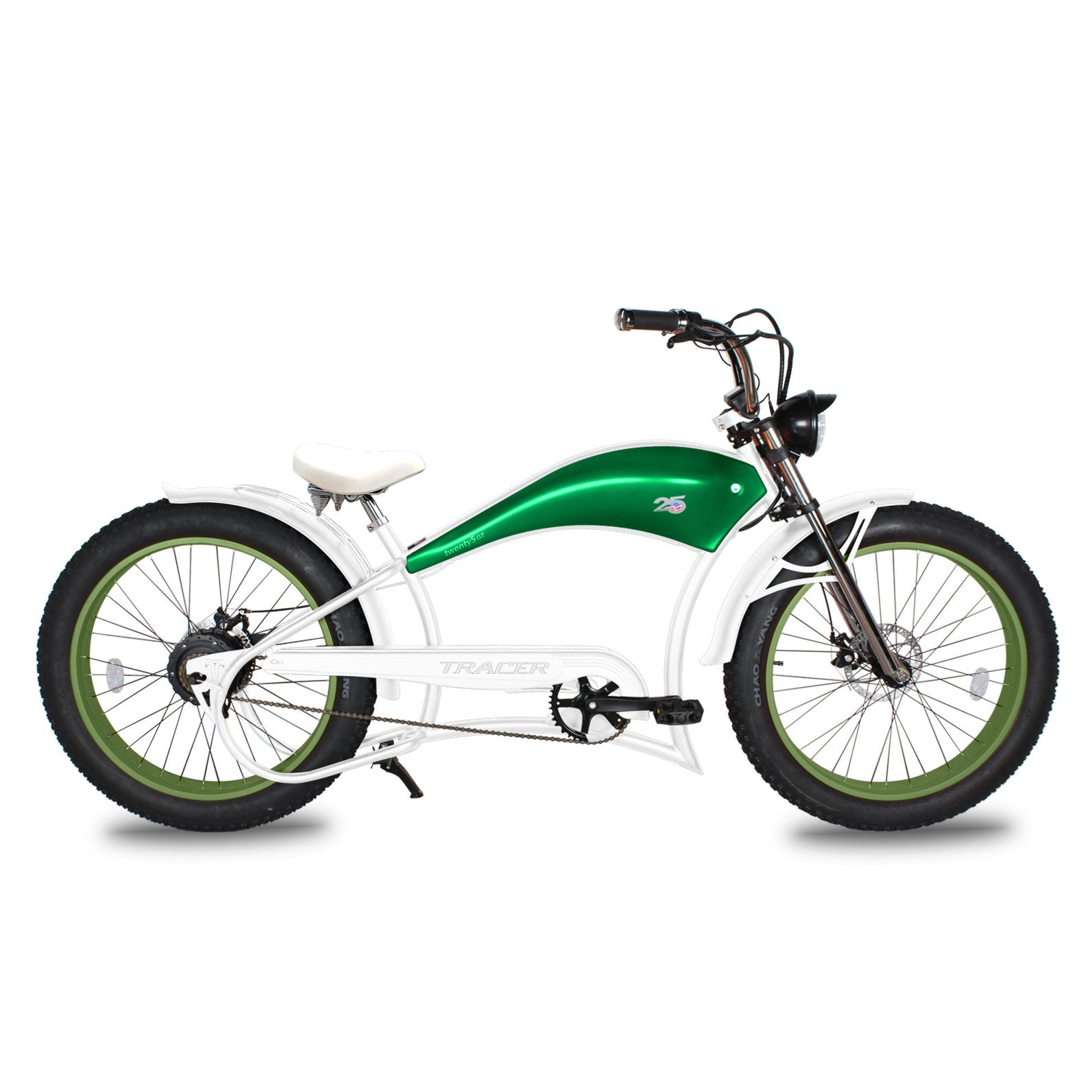 Tracer Twenty5 GT 26" Chopper Stretch Cruiser E-Bike Steel Frame Triple Tree Fork Disc Brake Motor 5-Speed Hi-Rise HANDLEBAR Alloy Polishing FAT Rims Front 3" Rear 4" 26x3.0 White Wall Tires Motor