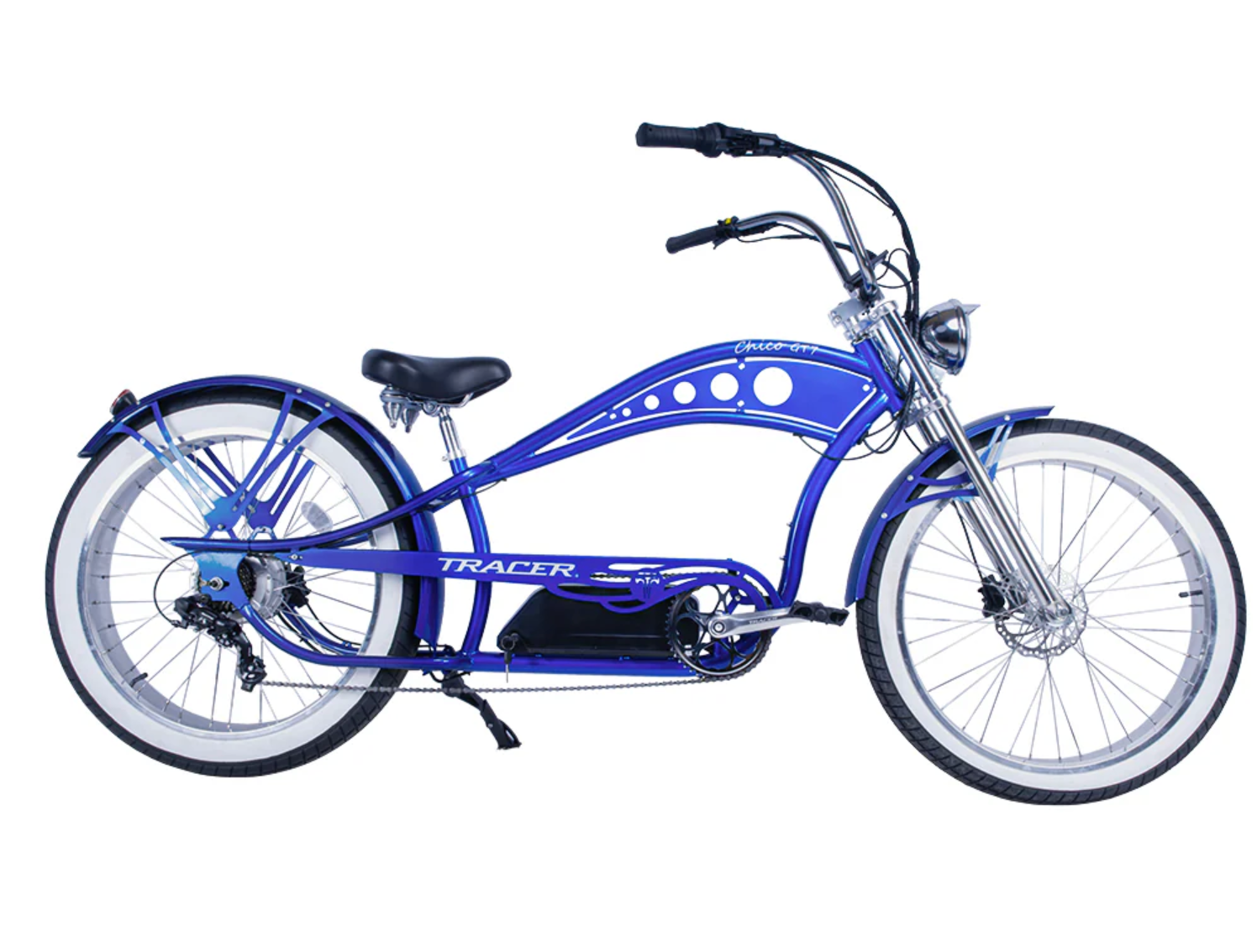 Tracer Chico GT (UPC: 749671831734), 26" Chopper Stretch E-Bike, Triple Tree Fork, Hydraulic Disc Brake, Hi-Rise Type Steel Handlebar 750x220x22.2mm, Alloy Polish FAT RIMS Front 3" Rear 4" Fat white wall Tires 26"x3.0 - Energize Trek