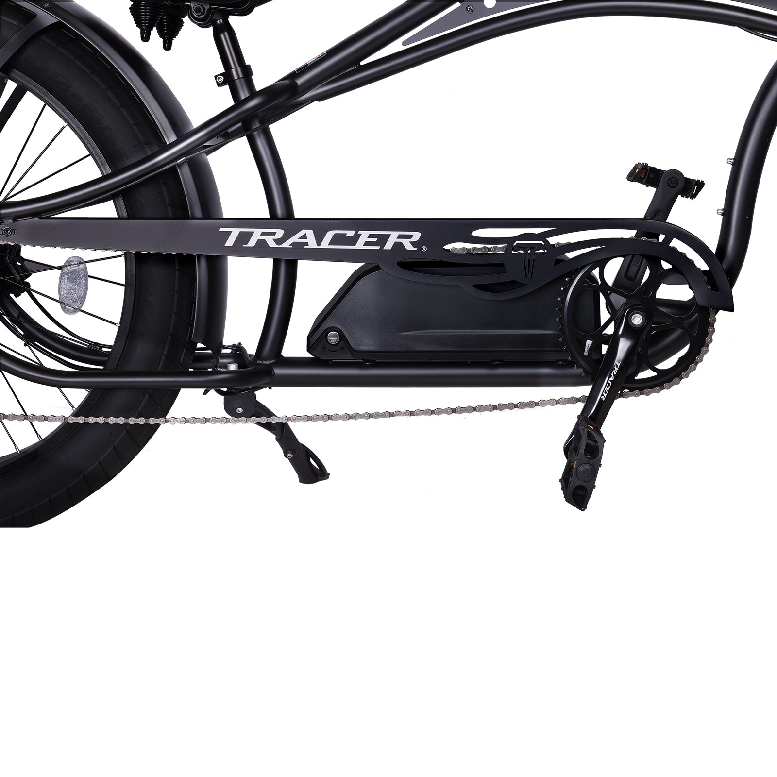 Tracer Chico GT (UPC: 749671831734), 26" Chopper Stretch E-Bike, Triple Tree Fork, Hydraulic Disc Brake, Hi-Rise Type Steel Handlebar 750x220x22.2mm, Alloy Polish FAT RIMS Front 3" Rear 4" Fat white wall Tires 26"x3.0 - Energize Trek