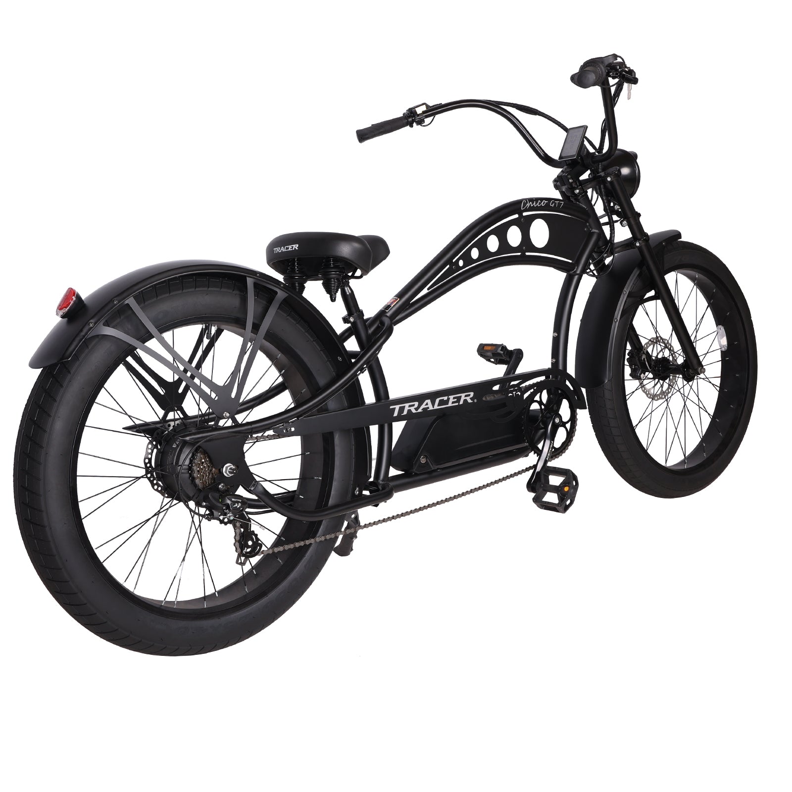 Tracer Chico GT (UPC: 749671831734), 26" Chopper Stretch E-Bike, Triple Tree Fork, Hydraulic Disc Brake, Hi-Rise Type Steel Handlebar 750x220x22.2mm, Alloy Polish FAT RIMS Front 3" Rear 4" Fat white wall Tires 26"x3.0 - Energize Trek