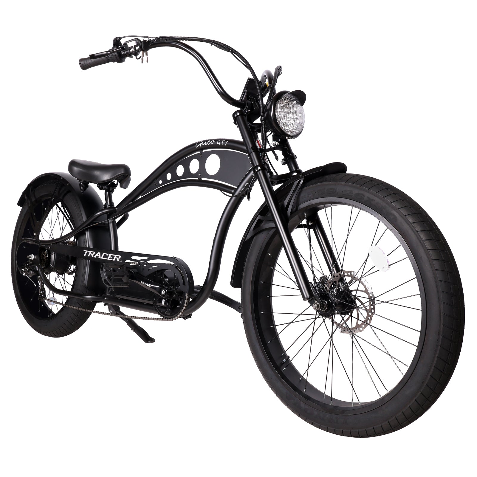 Tracer Chico GT (UPC: 749671831734), 26" Chopper Stretch E-Bike, Triple Tree Fork, Hydraulic Disc Brake, Hi-Rise Type Steel Handlebar 750x220x22.2mm, Alloy Polish FAT RIMS Front 3" Rear 4" Fat white wall Tires 26"x3.0 - Energize Trek