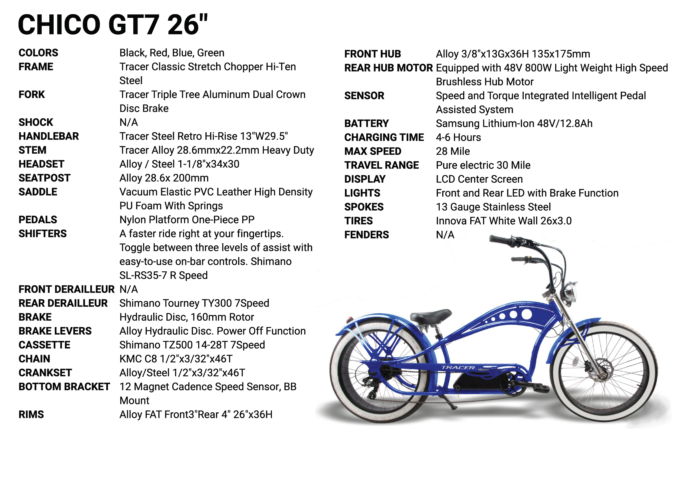 Tracer Chico GT (UPC: 749671831734), 26" Chopper Stretch E-Bike, Triple Tree Fork, Hydraulic Disc Brake, Hi-Rise Type Steel Handlebar 750x220x22.2mm, Alloy Polish FAT RIMS Front 3" Rear 4" Fat white wall Tires 26"x3.0 - Energize Trek