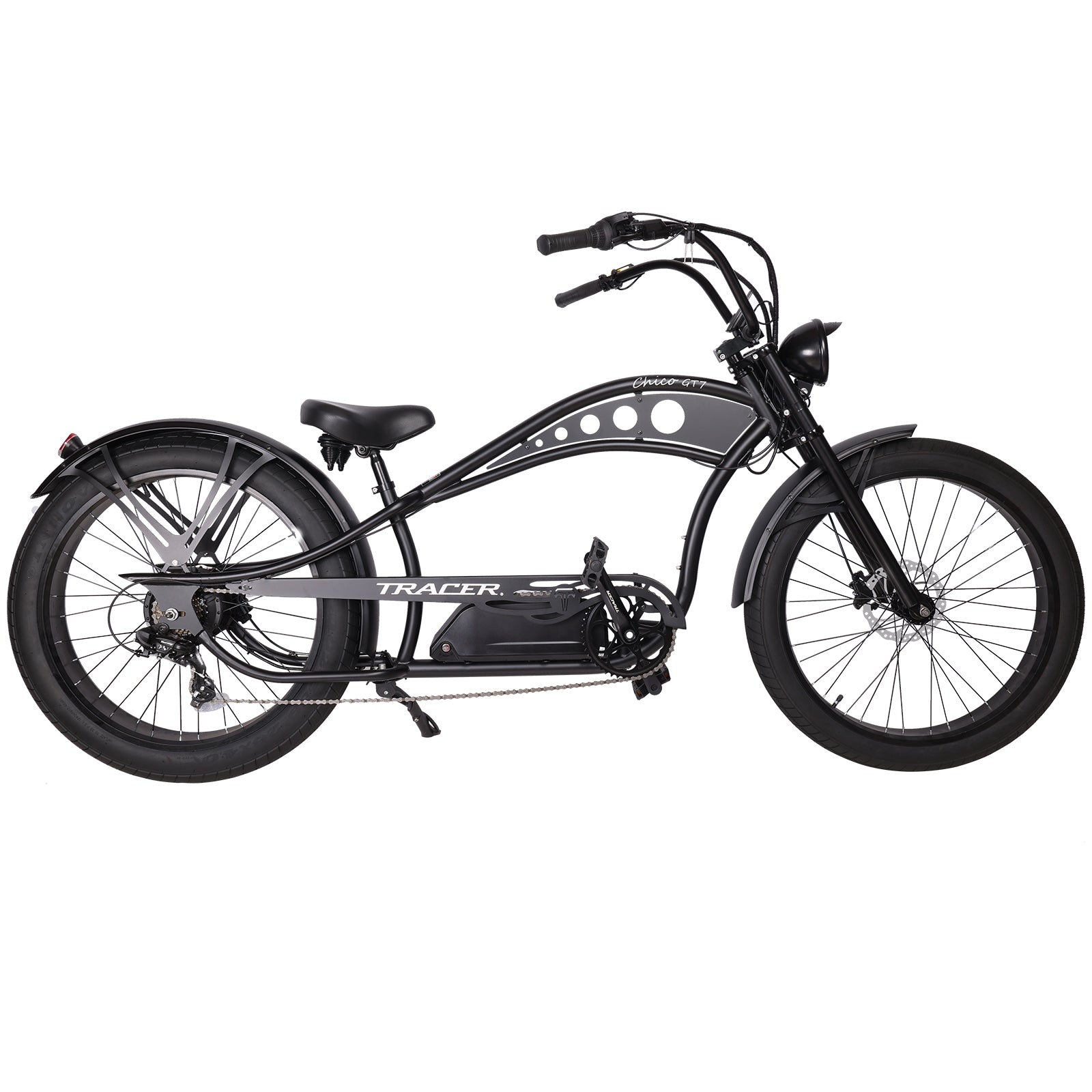 Tracer Chico GT (UPC: 749671831734), 26" Chopper Stretch E-Bike, Triple Tree Fork, Hydraulic Disc Brake, Hi-Rise Type Steel Handlebar 750x220x22.2mm, Alloy Polish FAT RIMS Front 3" Rear 4" Fat white wall Tires 26"x3.0 - Energize Trek