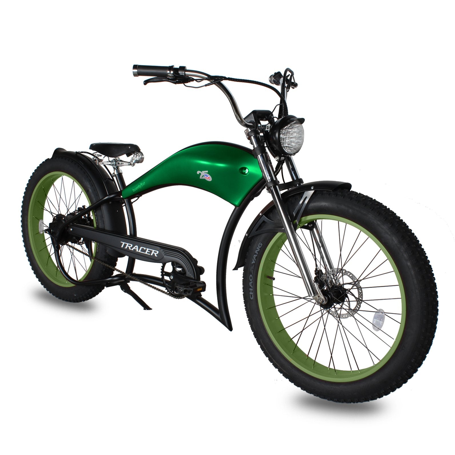 Tracer Twenty5 GT 26" Chopper Stretch Cruiser E-Bike Steel Frame Triple Tree Fork Disc Brake Motor 5-Speed Hi-Rise HANDLEBAR Alloy Polishing FAT Rims Front 3" Rear 4" 26x3.0 White Wall Tires Motor - Energize Trek