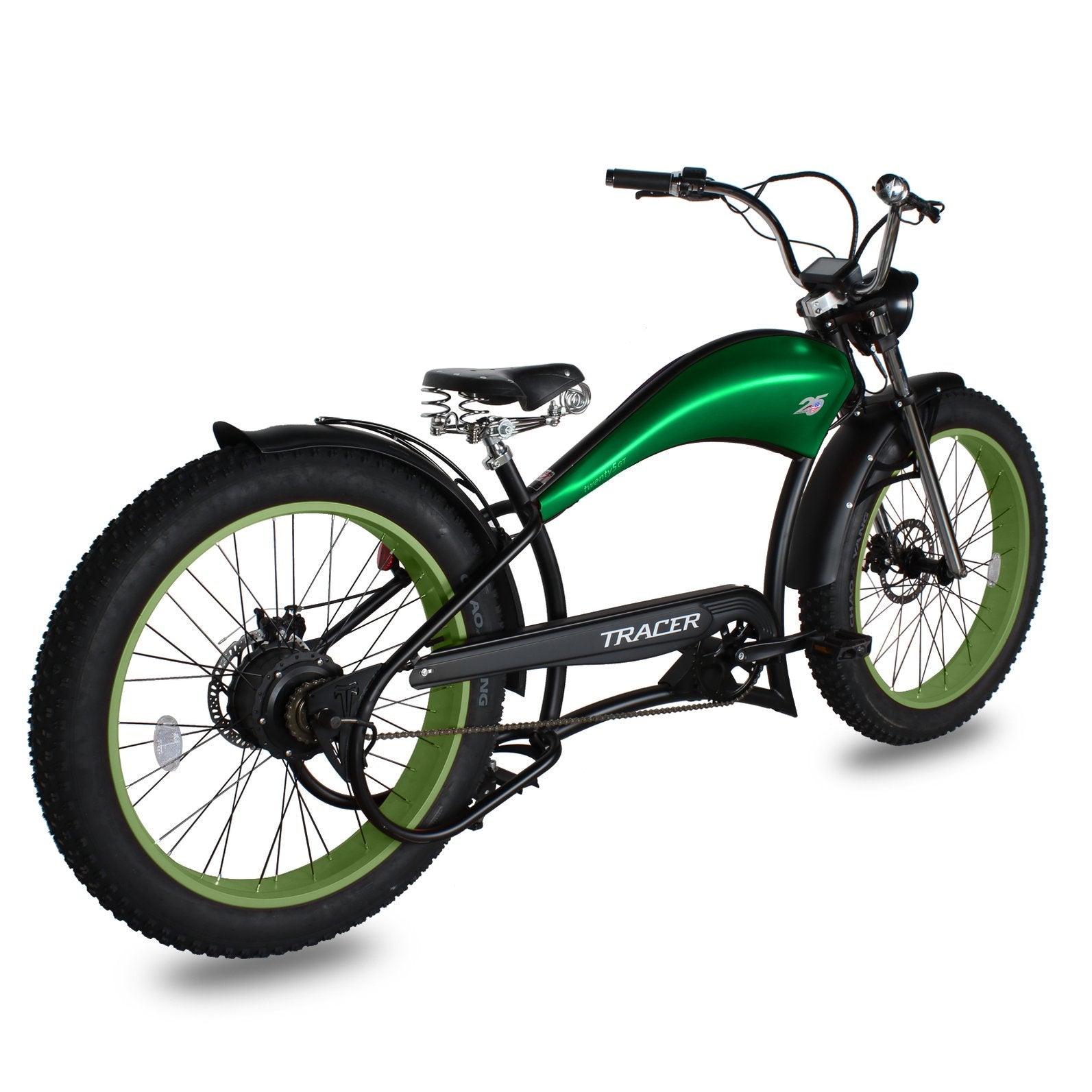 Tracer Twenty5 GT 26" Chopper Stretch Cruiser E-Bike Steel Frame Triple Tree Fork Disc Brake Motor 5-Speed Hi-Rise HANDLEBAR Alloy Polishing FAT Rims Front 3" Rear 4" 26x3.0 White Wall Tires Motor - Energize Trek