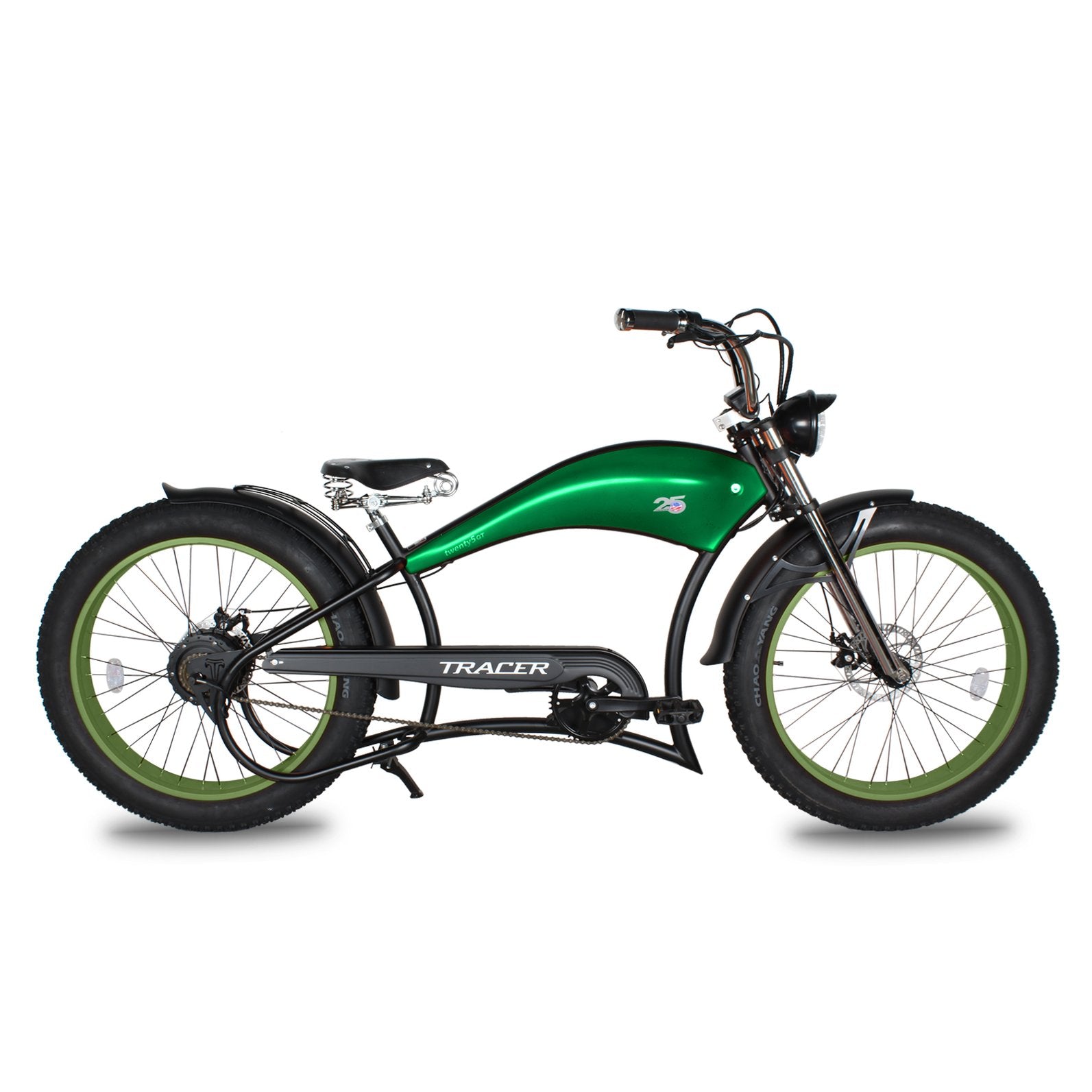 Tracer Twenty5 GT 26" Chopper Stretch Cruiser E-Bike Steel Frame Triple Tree Fork Disc Brake Motor 5-Speed Hi-Rise HANDLEBAR Alloy Polishing FAT Rims Front 3" Rear 4" 26x3.0 White Wall Tires Motor - Energize Trek