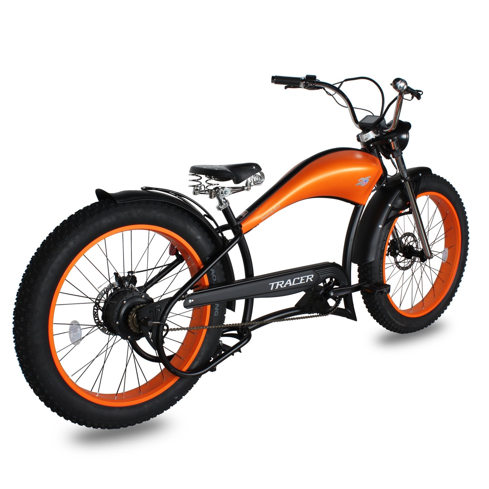 Tracer Twenty5 GT 26" Chopper Stretch Cruiser E-Bike Steel Frame Triple Tree Fork Disc Brake Motor 5-Speed Hi-Rise HANDLEBAR Alloy Polishing FAT Rims Front 3" Rear 4" 26x3.0 White Wall Tires Motor - Energize Trek