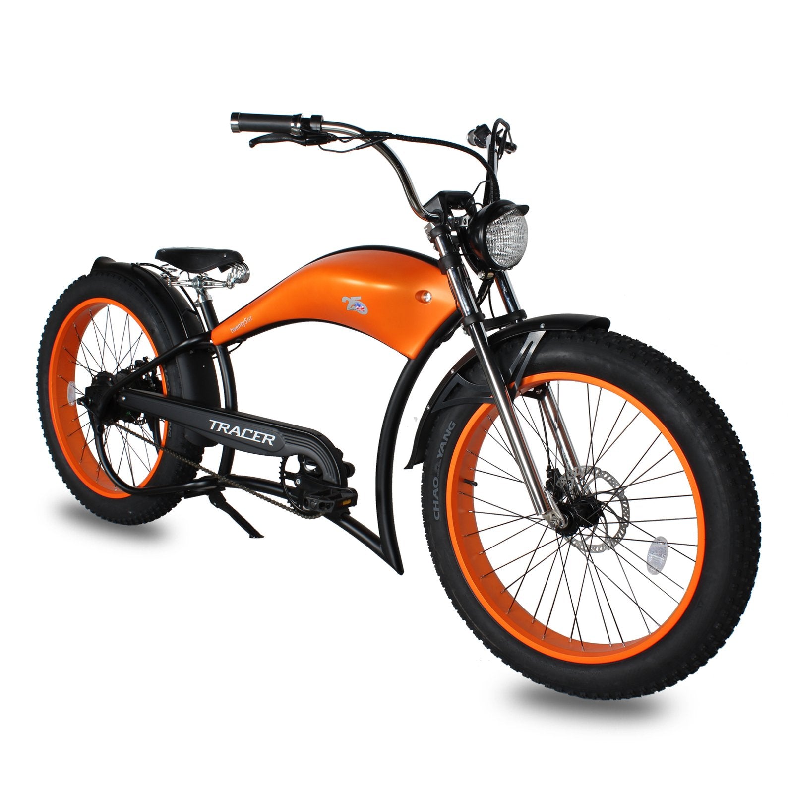Tracer Twenty5 GT 26" Chopper Stretch Cruiser E-Bike Steel Frame Triple Tree Fork Disc Brake Motor 5-Speed Hi-Rise HANDLEBAR Alloy Polishing FAT Rims Front 3" Rear 4" 26x3.0 White Wall Tires Motor - Energize Trek