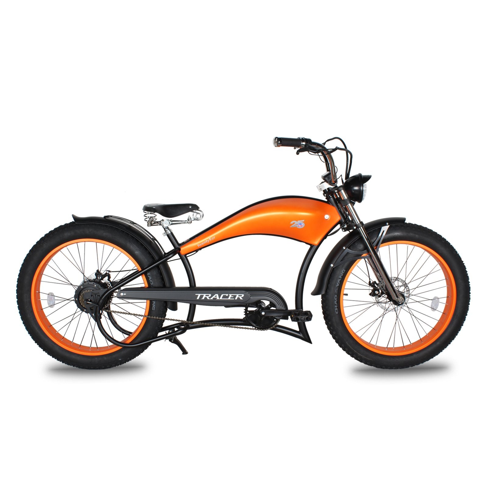Tracer Twenty5 GT 26" Chopper Stretch Cruiser E-Bike Steel Frame Triple Tree Fork Disc Brake Motor 5-Speed Hi-Rise HANDLEBAR Alloy Polishing FAT Rims Front 3" Rear 4" 26x3.0 White Wall Tires Motor - Energize Trek