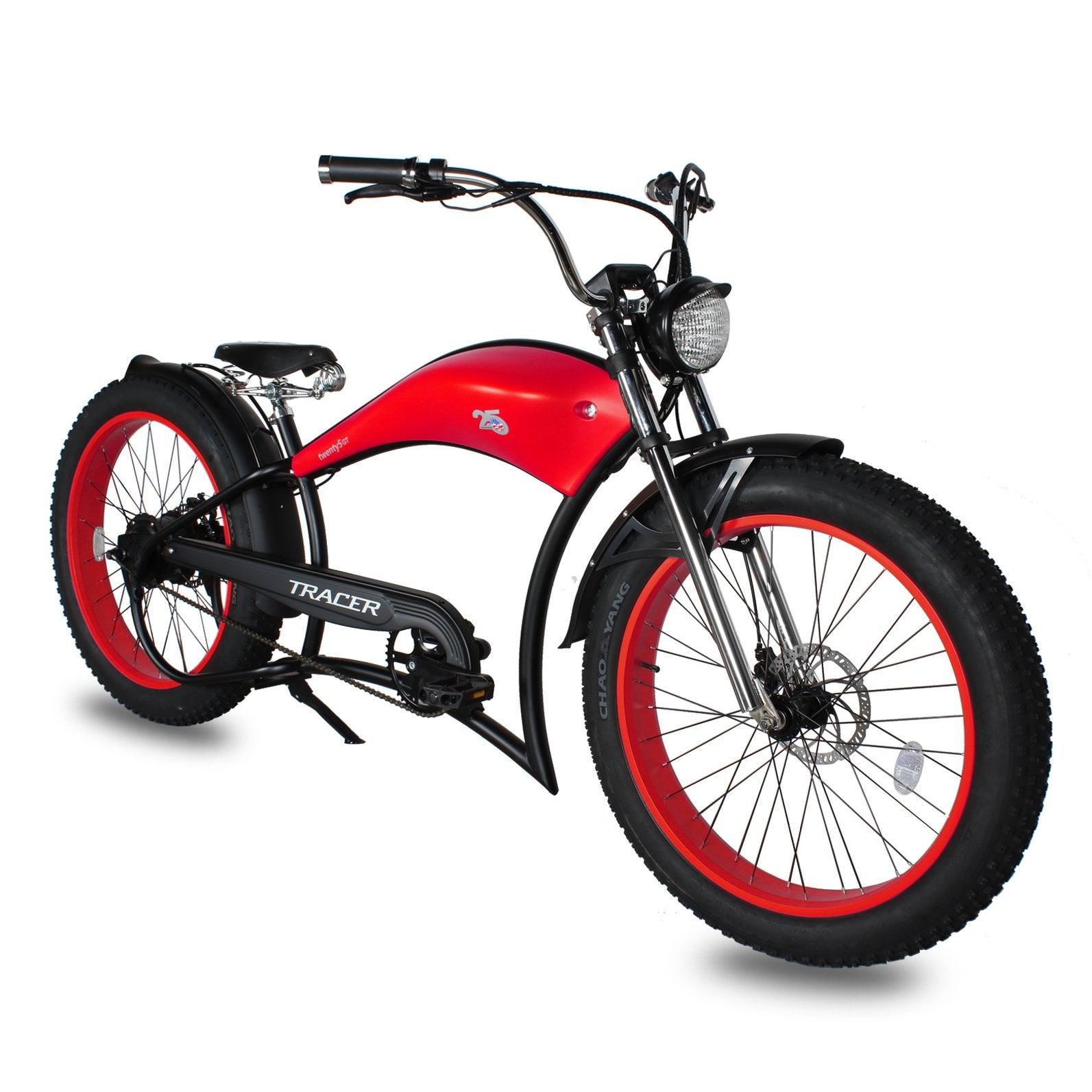 Tracer Twenty5 GT 26" Chopper Stretch Cruiser E-Bike Steel Frame Triple Tree Fork Disc Brake Motor 5-Speed Hi-Rise HANDLEBAR Alloy Polishing FAT Rims Front 3" Rear 4" 26x3.0 White Wall Tires Motor - Energize Trek
