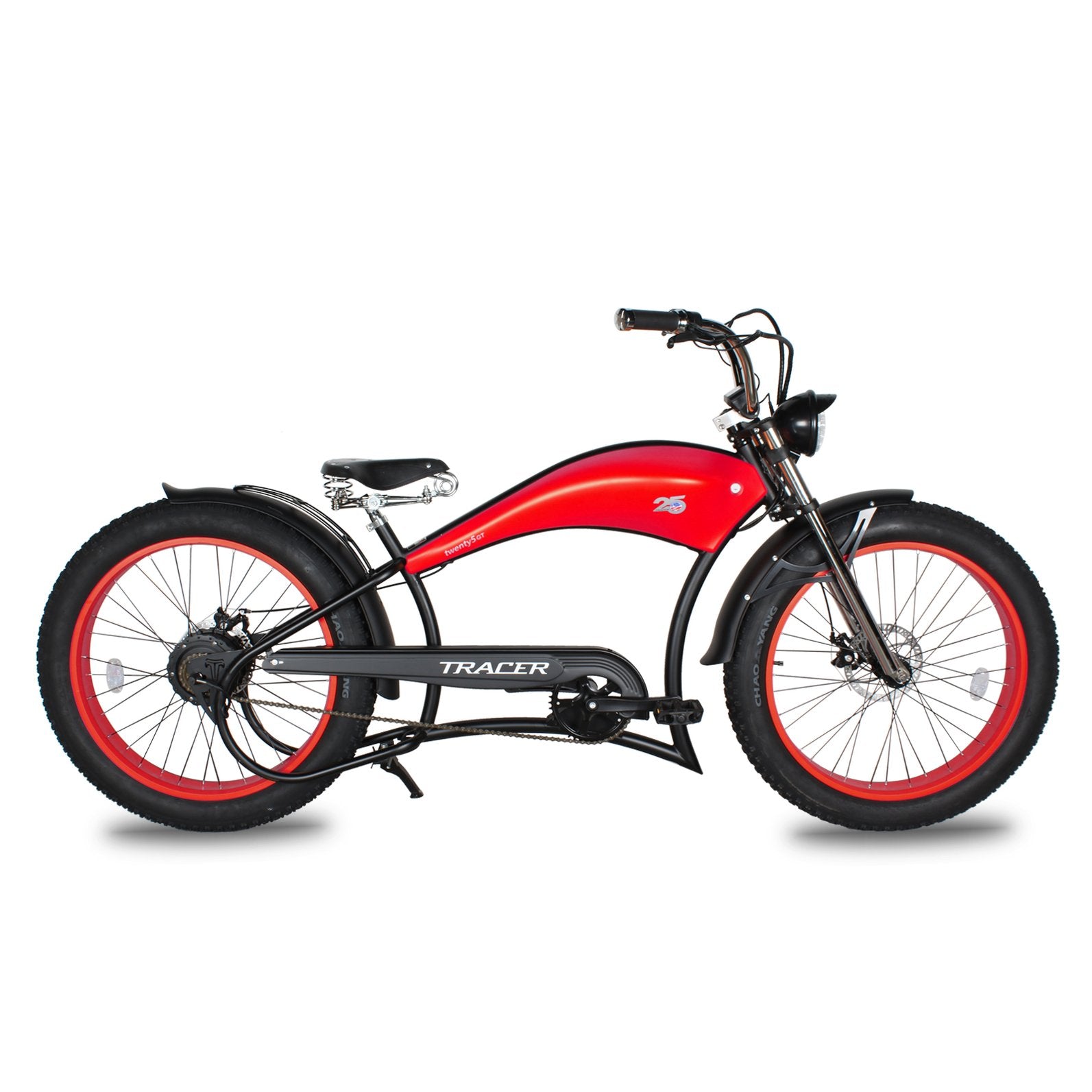 Tracer Twenty5 GT 26" Chopper Stretch Cruiser E-Bike Steel Frame Triple Tree Fork Disc Brake Motor 5-Speed Hi-Rise HANDLEBAR Alloy Polishing FAT Rims Front 3" Rear 4" 26x3.0 White Wall Tires Motor - Energize Trek