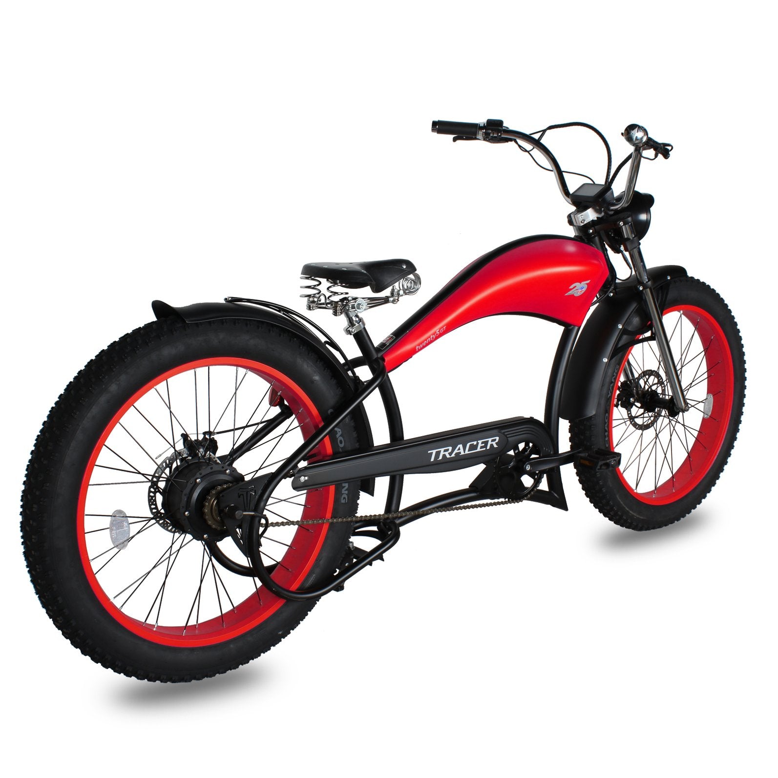 Tracer Twenty5 GT 26" Chopper Stretch Cruiser E-Bike Steel Frame Triple Tree Fork Disc Brake Motor 5-Speed Hi-Rise HANDLEBAR Alloy Polishing FAT Rims Front 3" Rear 4" 26x3.0 White Wall Tires Motor - Energize Trek