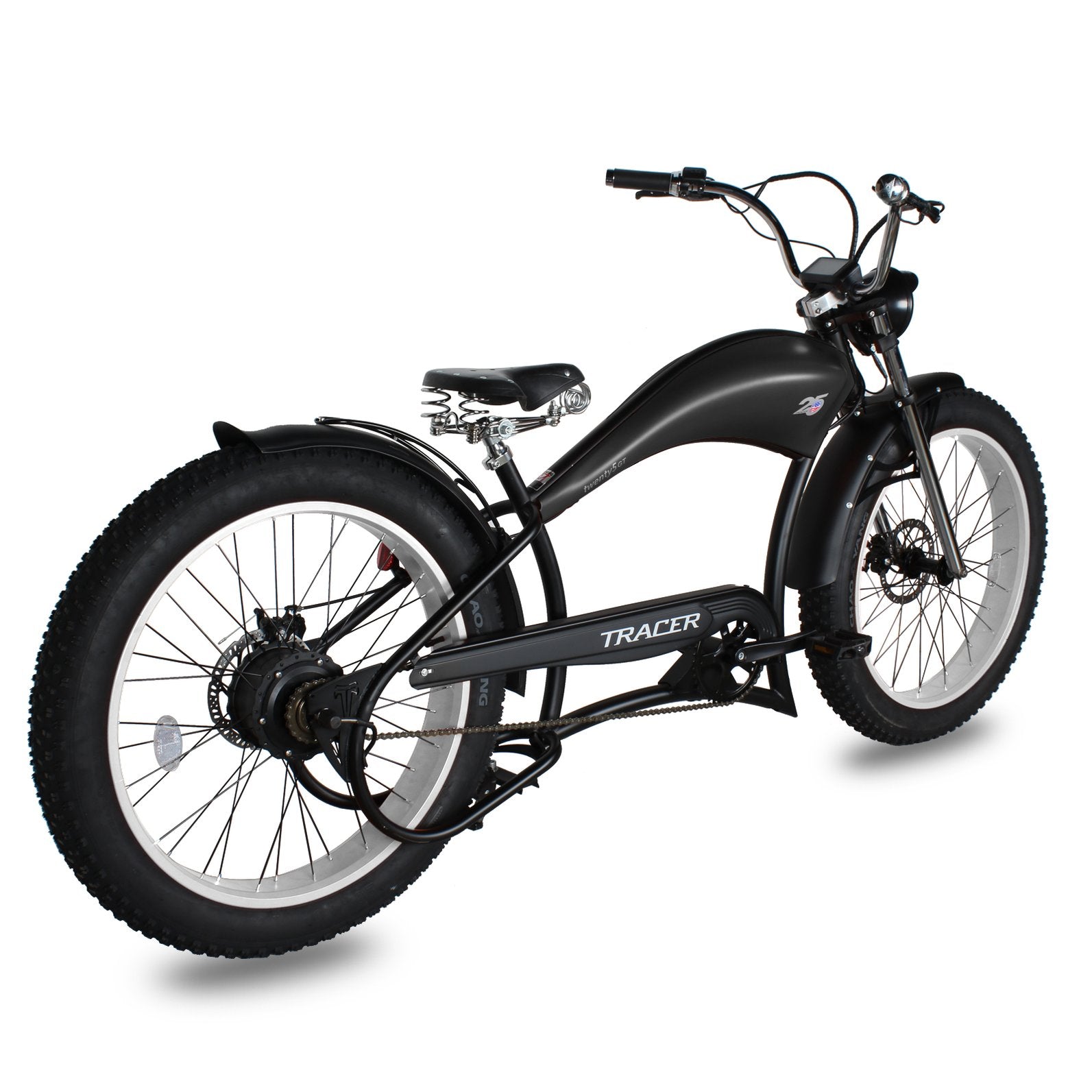 Tracer Twenty5 GT 26" Chopper Stretch Cruiser E-Bike Steel Frame Triple Tree Fork Disc Brake Motor 5-Speed Hi-Rise HANDLEBAR Alloy Polishing FAT Rims Front 3" Rear 4" 26x3.0 White Wall Tires Motor - Energize Trek