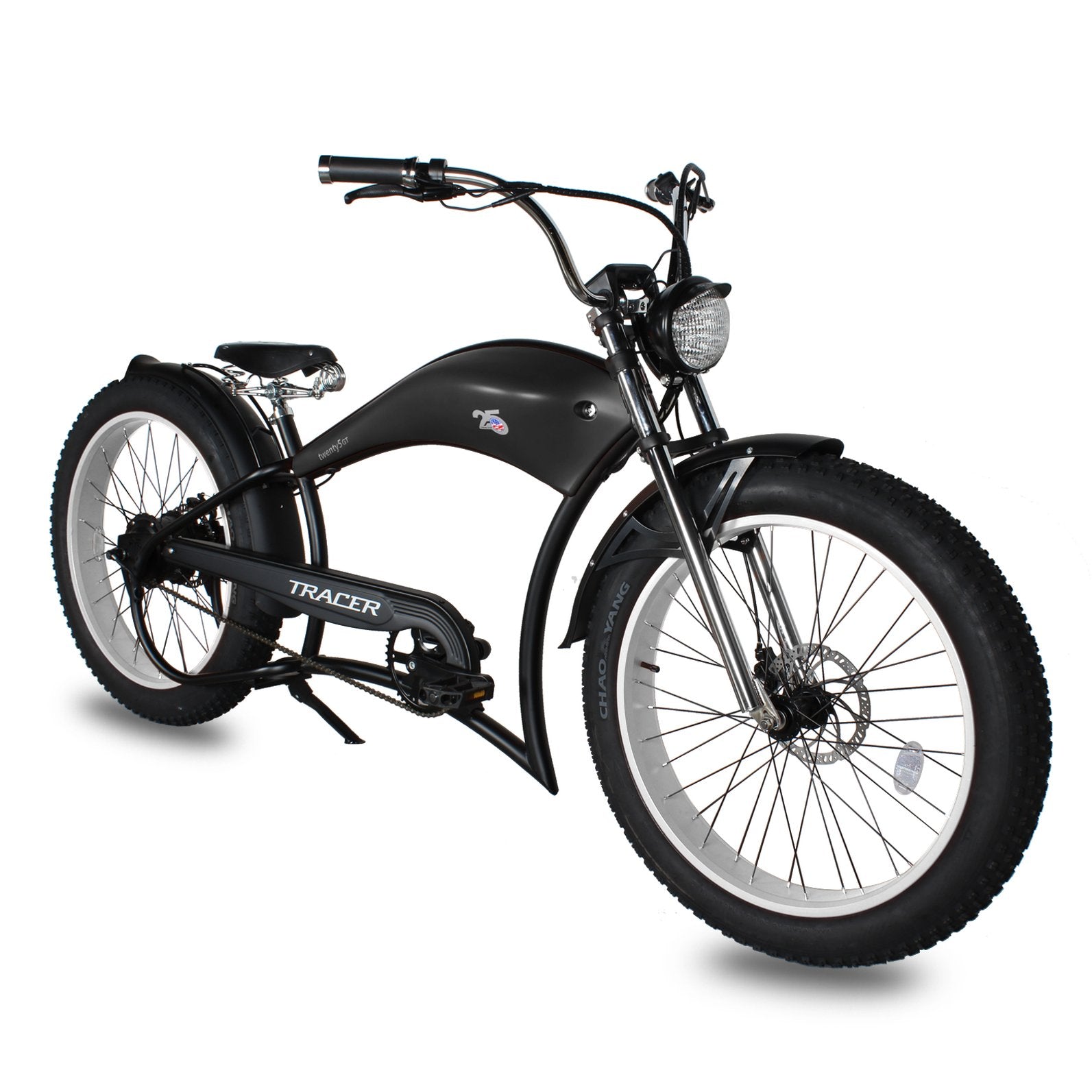 Tracer Twenty5 GT 26" Chopper Stretch Cruiser E-Bike Steel Frame Triple Tree Fork Disc Brake Motor 5-Speed Hi-Rise HANDLEBAR Alloy Polishing FAT Rims Front 3" Rear 4" 26x3.0 White Wall Tires Motor - Energize Trek