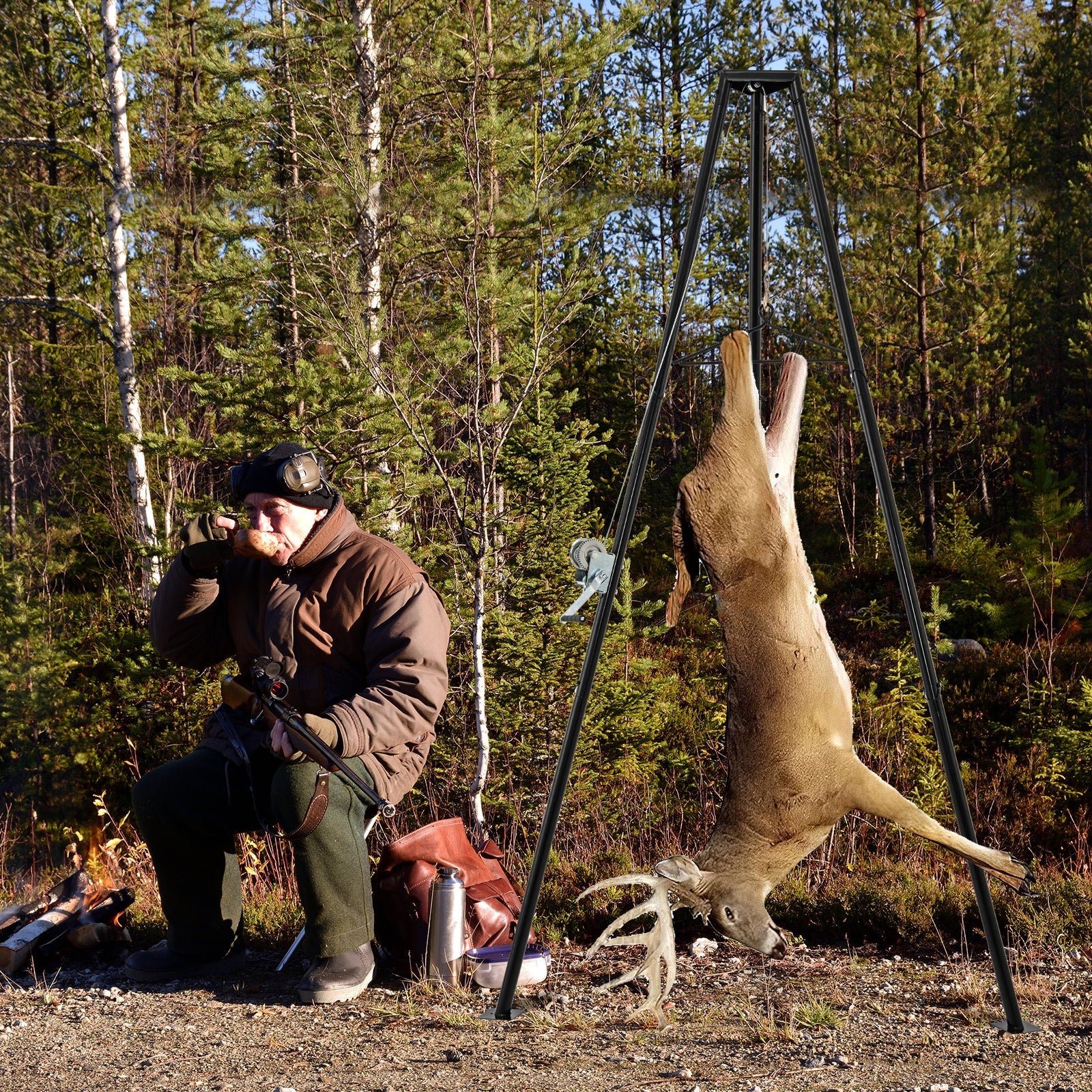 Tripod Game Hoist Deer Hanger 600 LBS Capacity Deer Skinning Rack-Black - Energize Trek