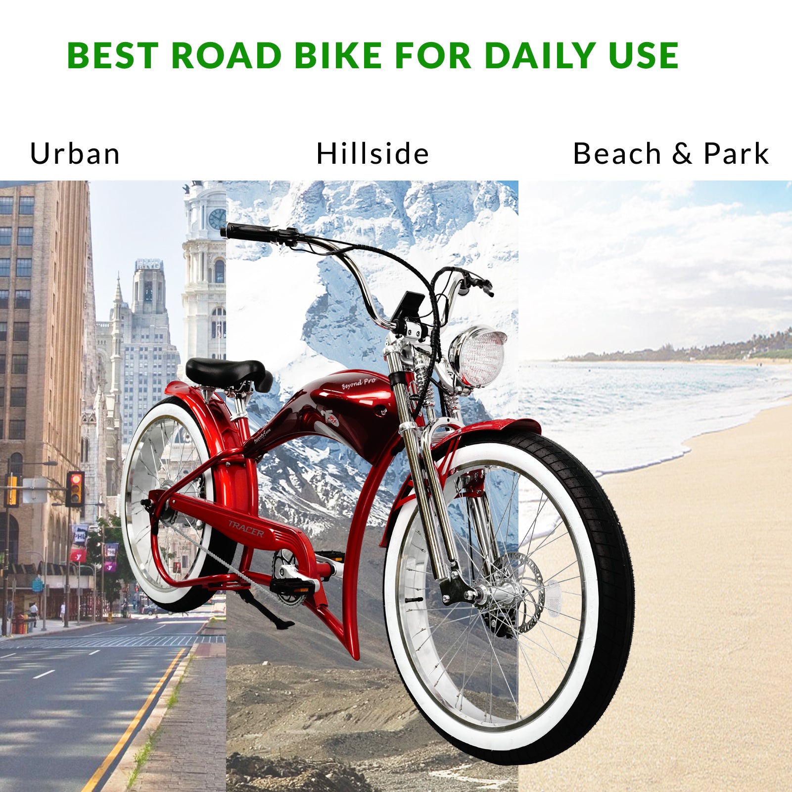 Tracer Twenty5 GTS  26" Chopper Stretch Cruiser E-Bike Steel Frame Triple Tree Dual Springer Classical Fork Disc Brake Motor 5-Speed Hi-Rise HANDLEBAR Alloy Polishing FAT Rims Front 3" Rear 4" 26x3.0 White Wall Tires