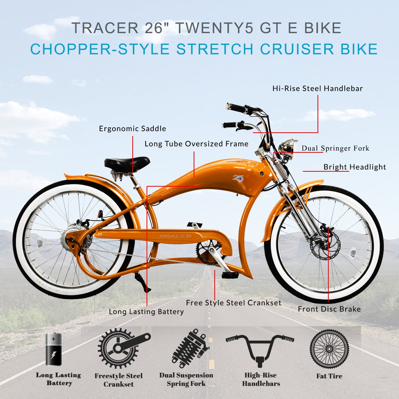 TRACER TWENTY 5 DS 26" Stretch E-BIKE 800W 48V Dual Spring Suspension Fork