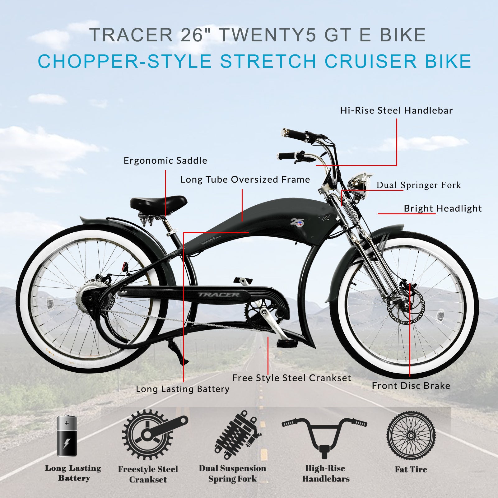 TRACER TWENTY 5 DS 26" Stretch E-BIKE 800W 48V Dual Spring Suspension Fork