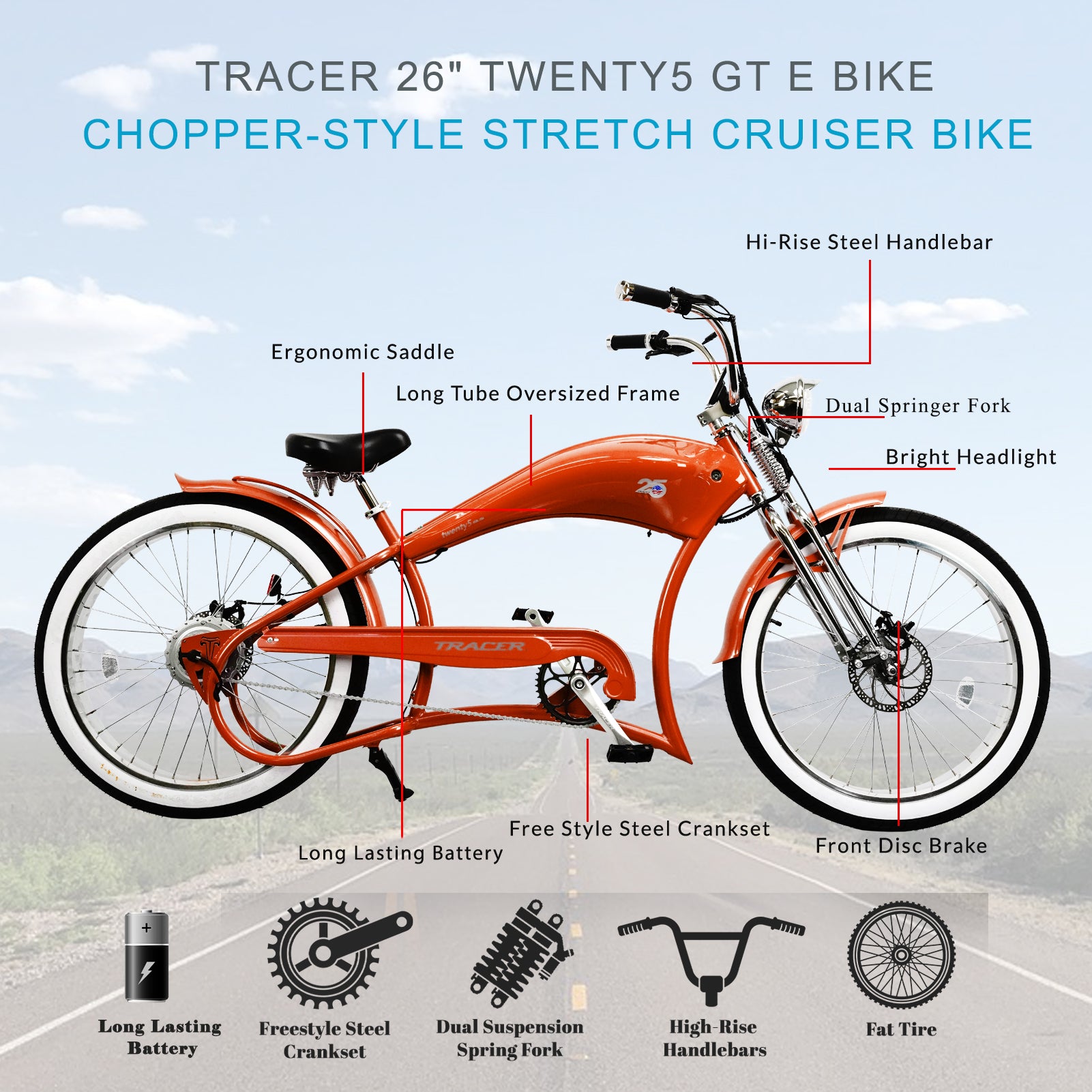 TRACER TWENTY 5 DS 26" Stretch E-BIKE 800W 48V Dual Spring Suspension Fork