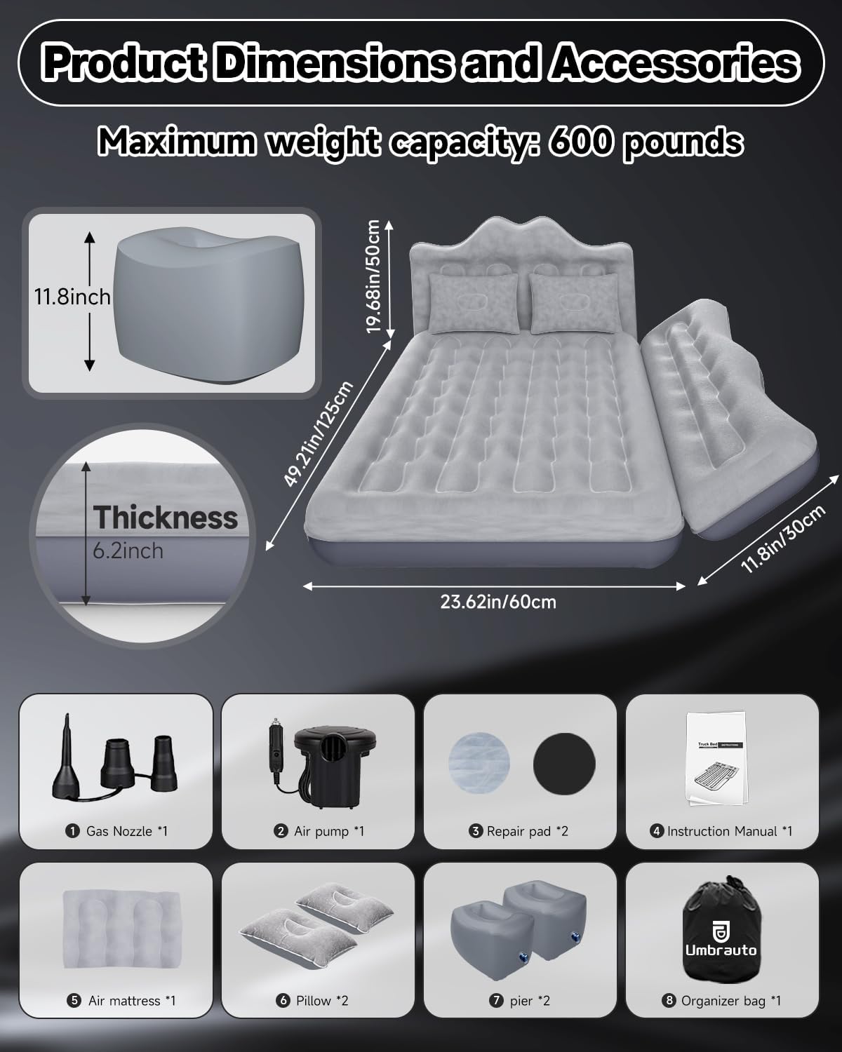 Umbrauto 23.62in/60cm Wide Inflatable Truck Mattress Car & SUV Back Seat Camping Bed with Pump - Energize Trek