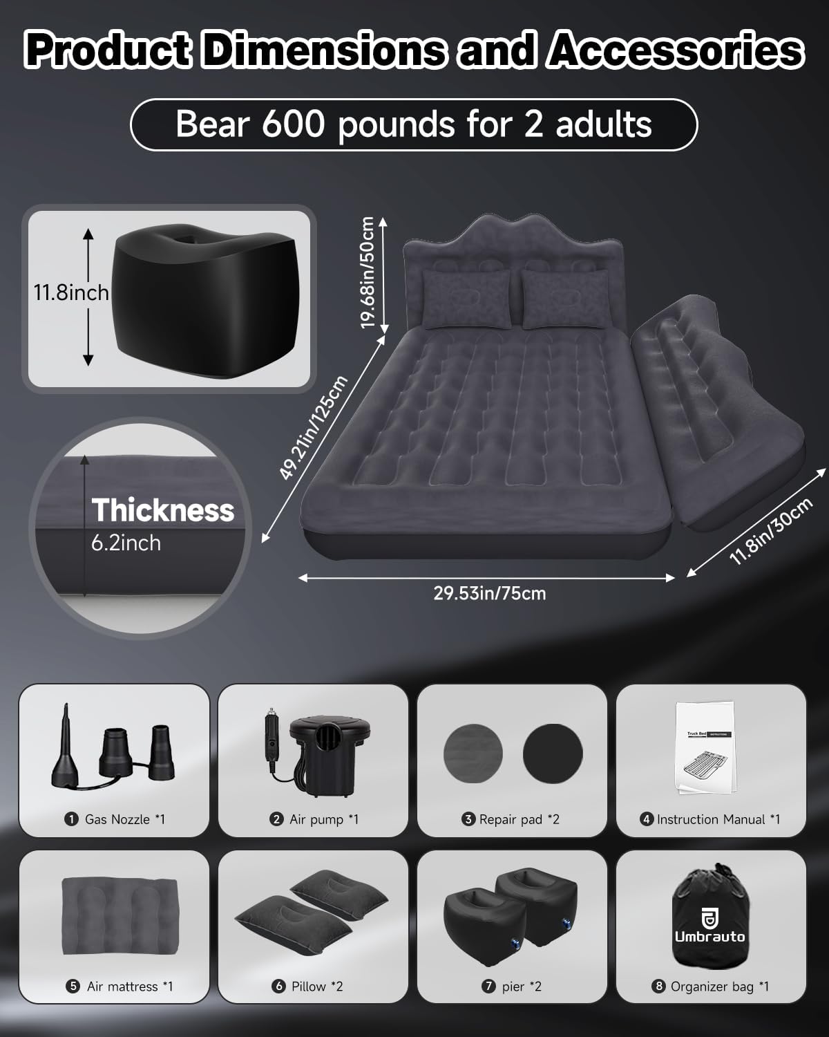 Umbrauto 29.53in/75cm Wide Car Air Mattress Inflatable SUV, Truck & Van Back Seat Camping Bed with Pump & Pillows,Black - Energize Trek