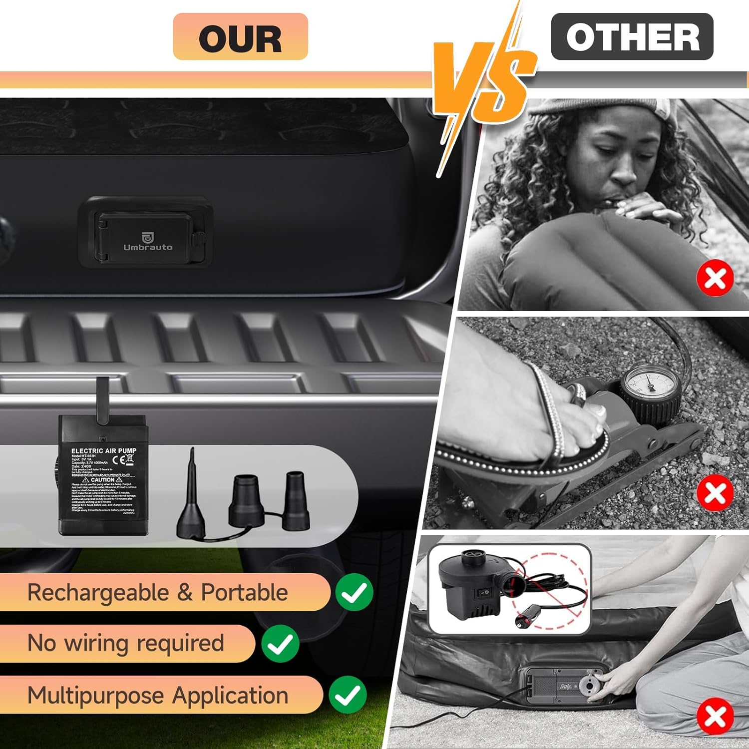 Umbrauto 5.5-5.8FT Full Size Truck Bed Mattress with Detachable Pump,Black/Grey - Energize Trek