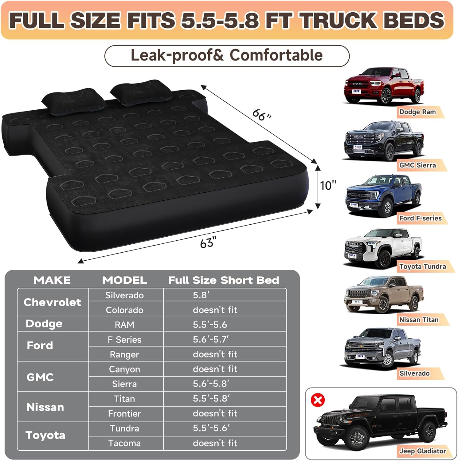 Umbrauto 5.5-5.8FT Full Size Truck Bed Mattress with Detachable Pump,Black/Grey - Energize Trek