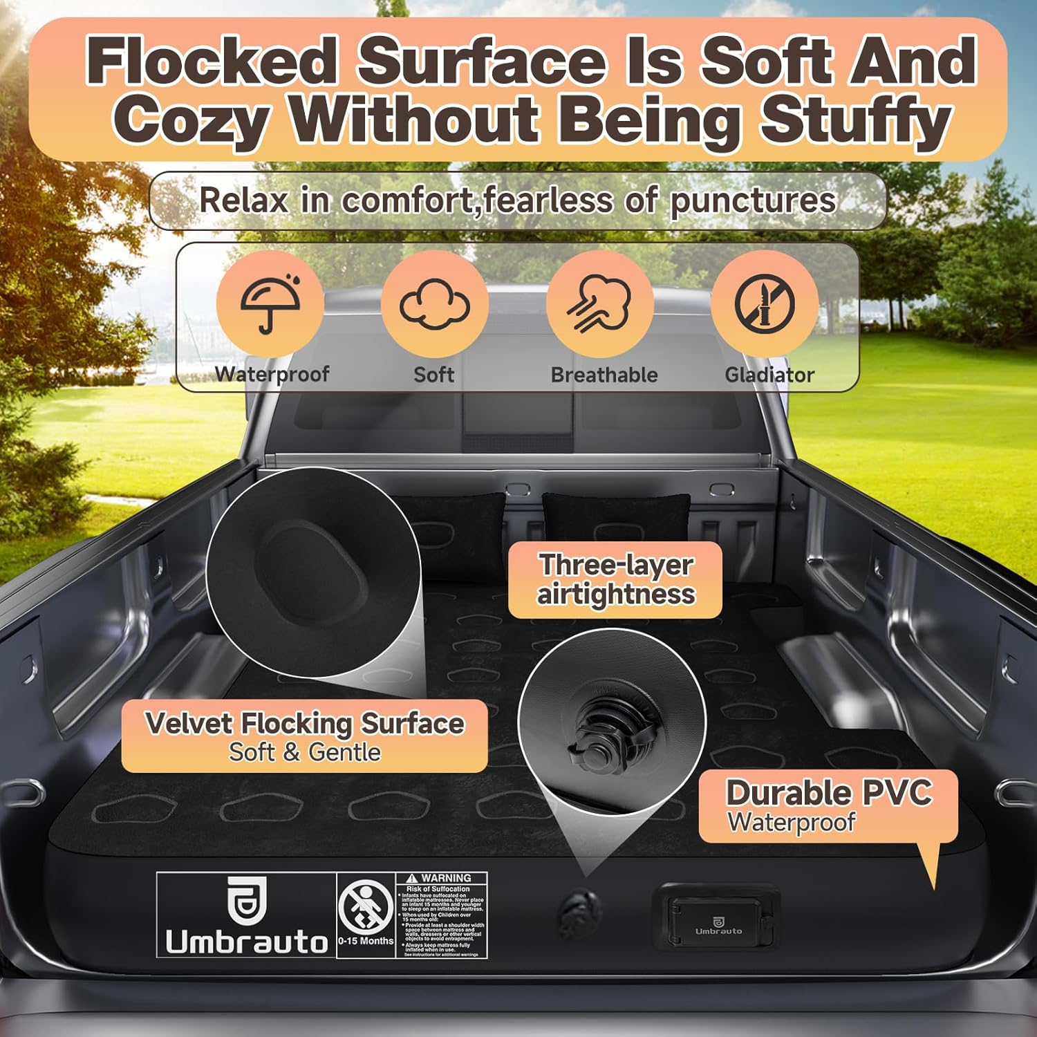 Umbrauto 5.5-5.8FT Full Size Truck Bed Mattress with Detachable Pump,Black/Grey - Energize Trek