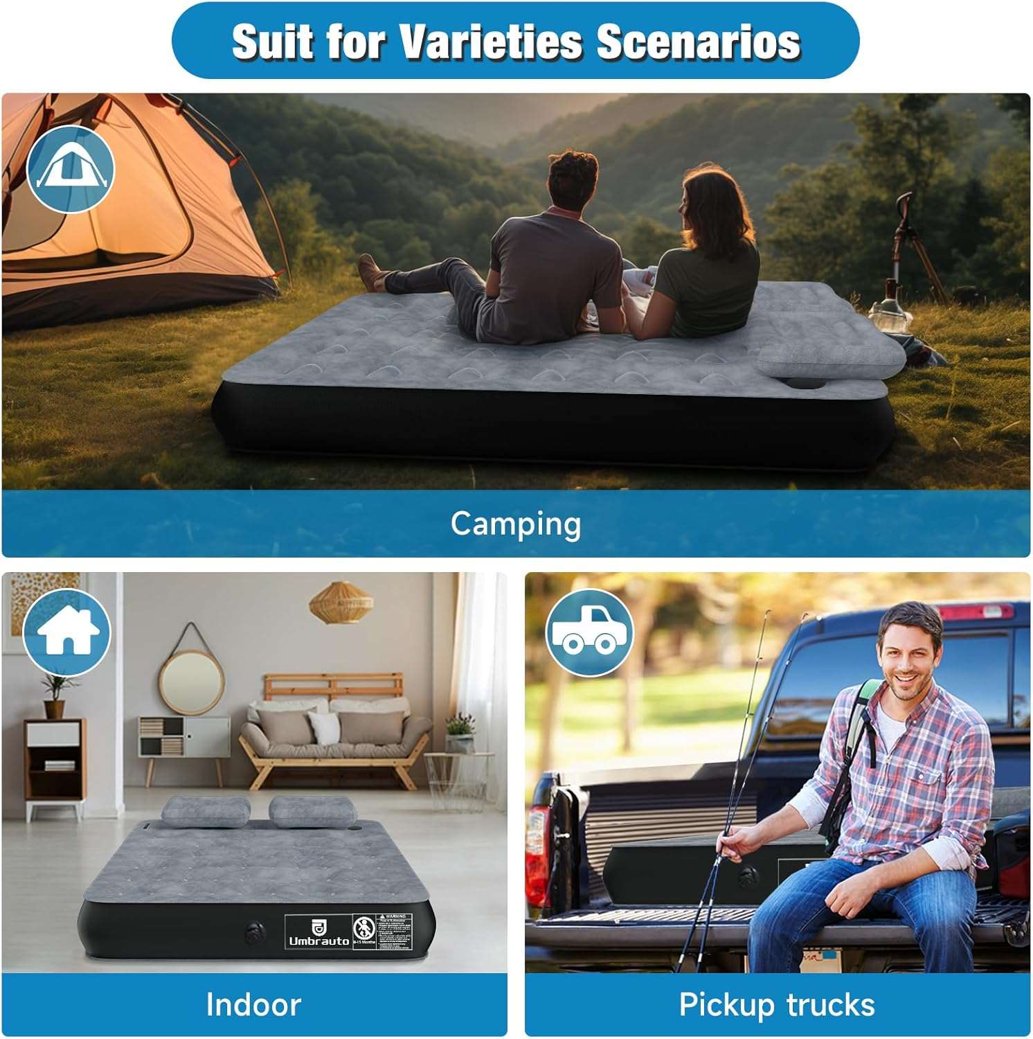 Umbrauto 5.5-6.5 ft Square Truck Bed Air Mattress with Wireless Rechargeable Pump Inflatable Full Size Pickup  Air Mattress - Energize Trek