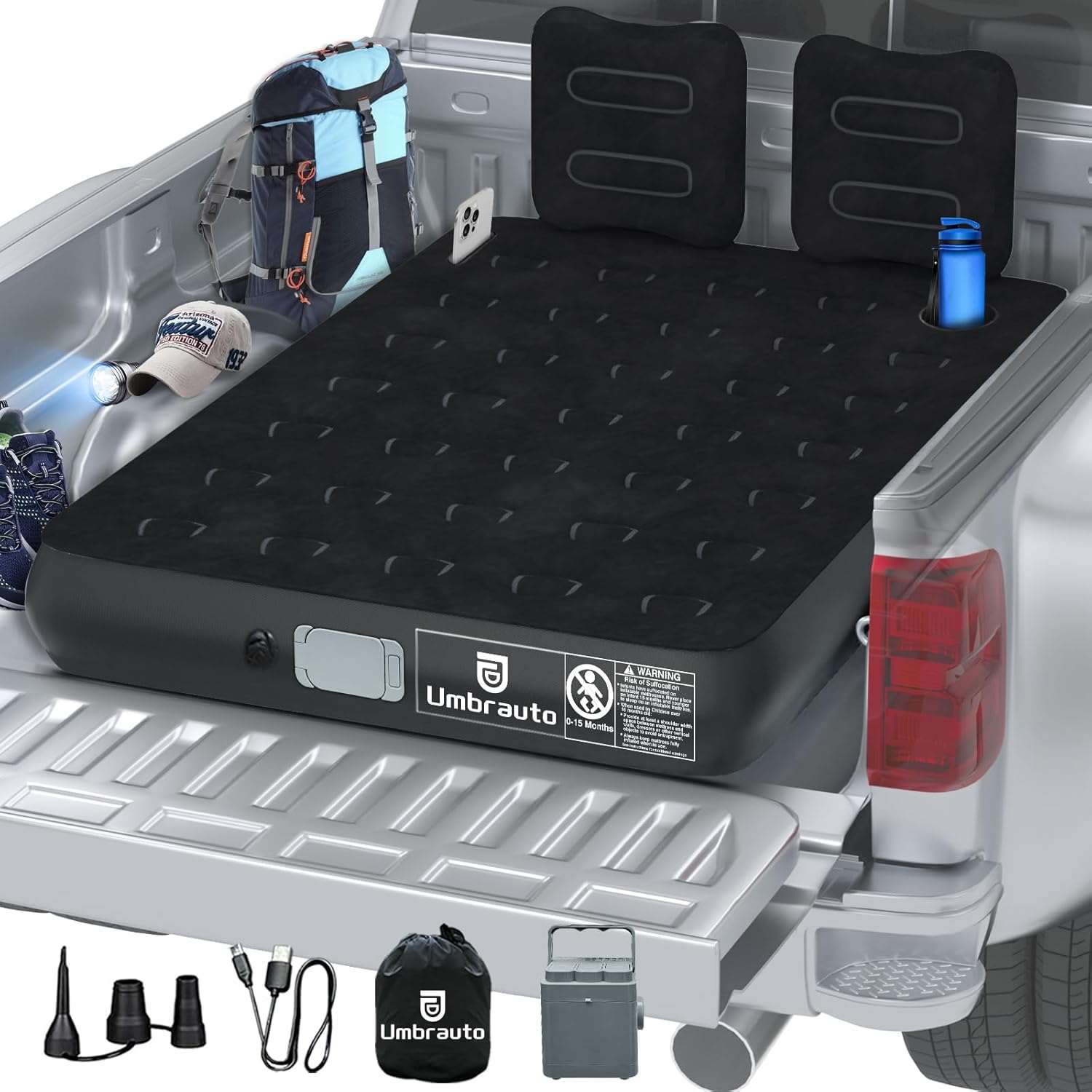 Umbrauto 5.5-6.5 ft Square Truck Bed Air Mattress with Wireless Rechargeable Pump Inflatable Full Size Pickup  Air Mattress - Energize Trek