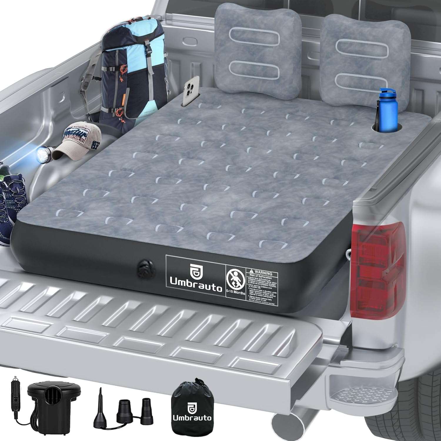Umbrauto 5.5-6.5 ft Square Truck Bed Air Mattress with Wireless Rechargeable Pump Inflatable Full Size Pickup  Air Mattress - Energize Trek