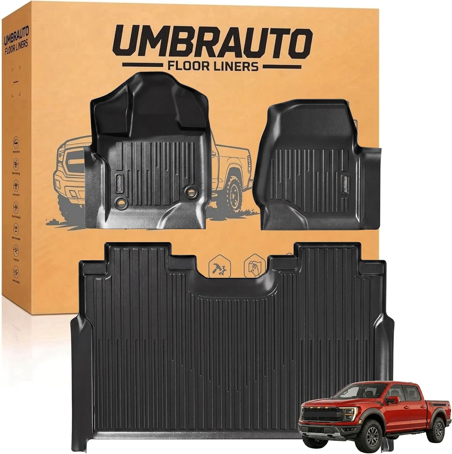 Umbrauto All Weather Floor Mats for Ford F150 SuperCrew 2015-2025 2026 & Lightning 2022-2026, Custom Fit TPE Truck Floor Liners, Waterproof Heavy Duty Full Coverage, Rear w/o Fold Flat Storage - Energize Trek